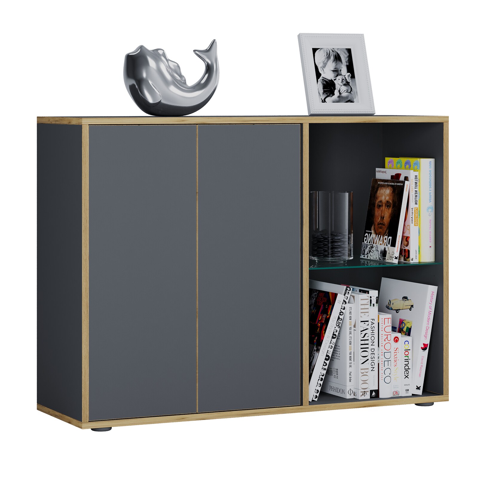 VCM Holz Kommode, Sideboard mit Drehtüren und Glasboden, Büromöbel, H. 74 x B. 100 x T. 33 cm - Salia