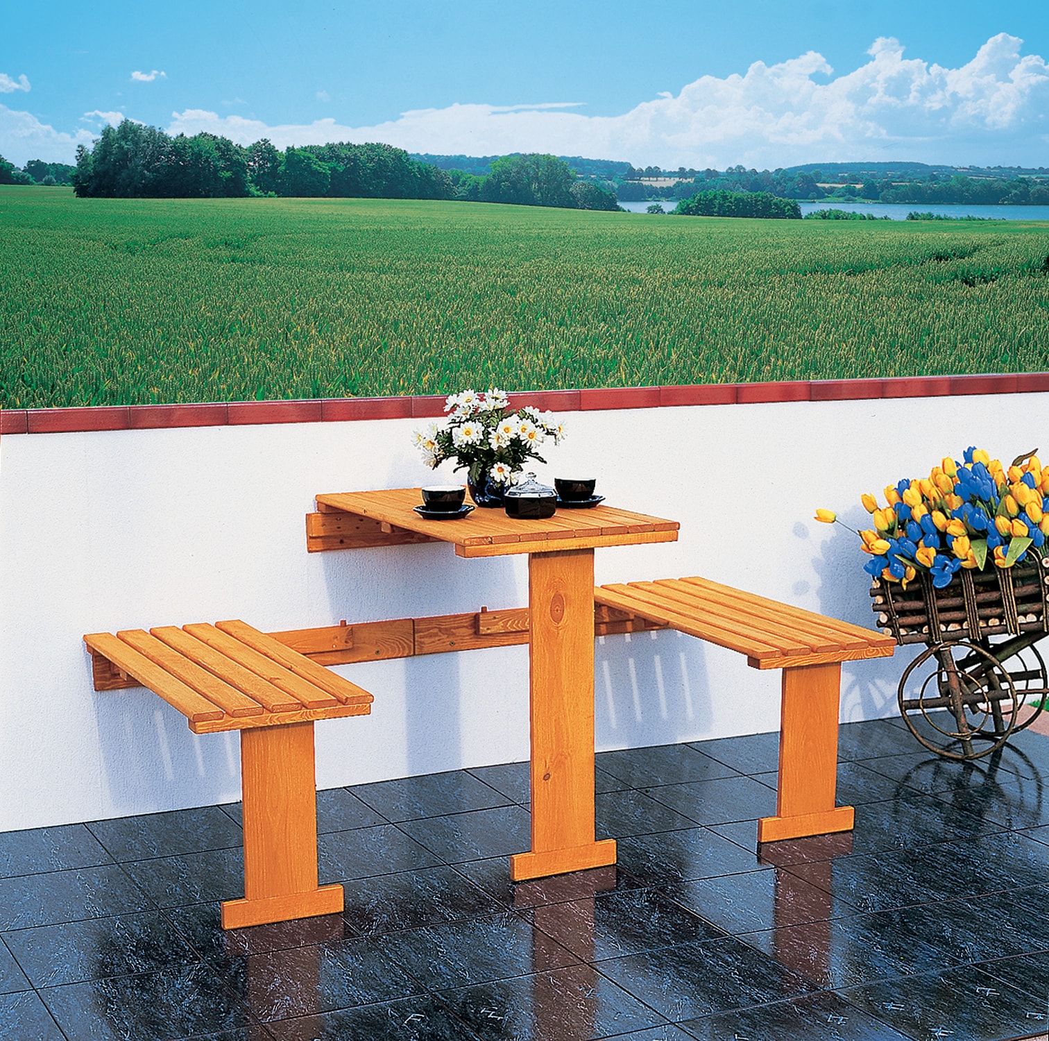 Promadino Balkonklappgarnitur mit blauen Auflagen 