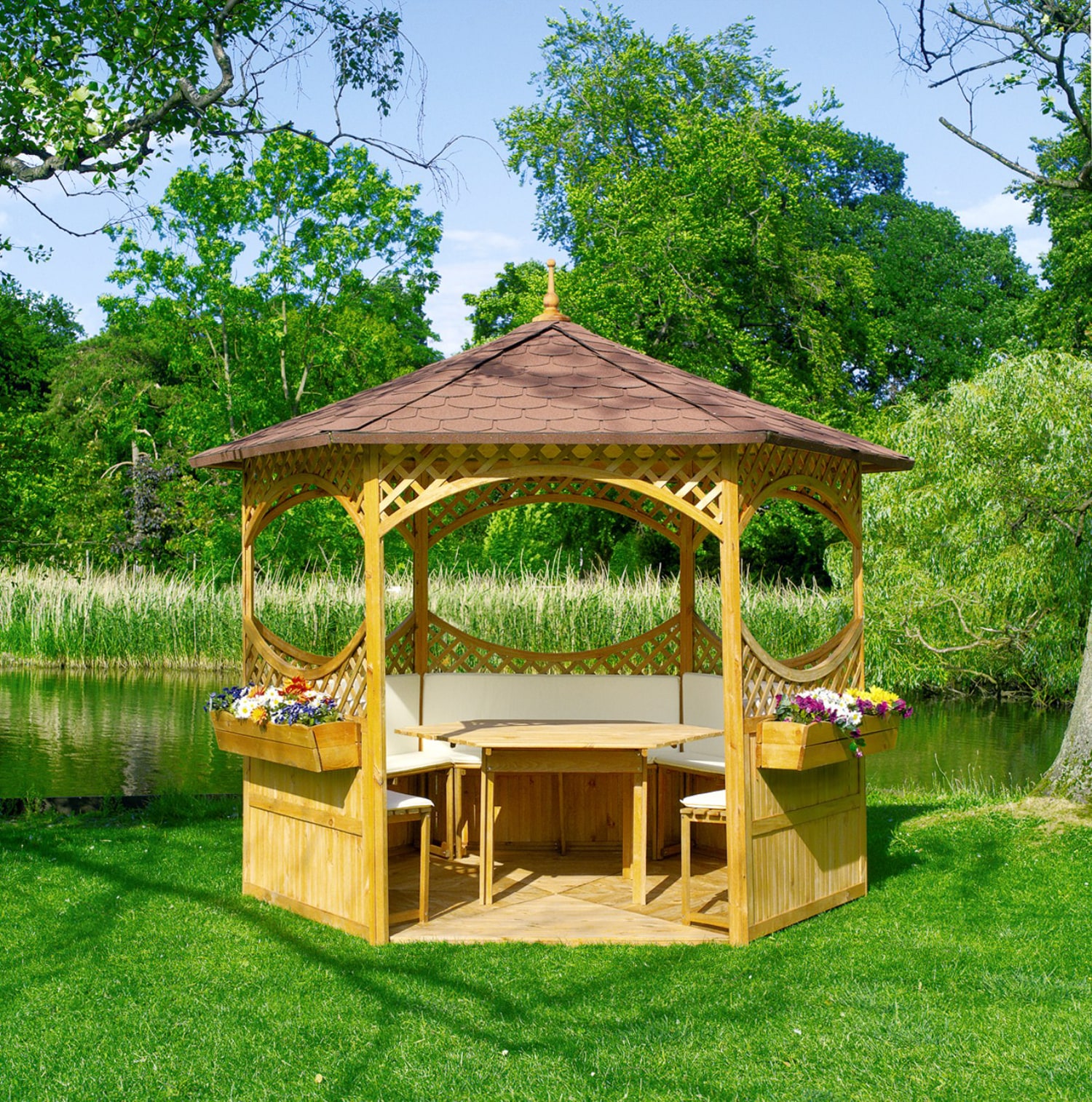 Promadino Pavillon "Palma" mit Bitumenschindeldach + M&ouml;beln 