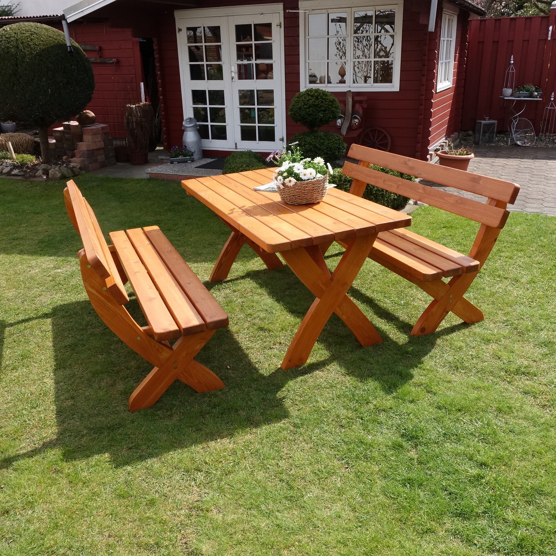 Promadino Holz-Garnitur Landsberg honigbraun 2B&auml;nke + 1Tisch 