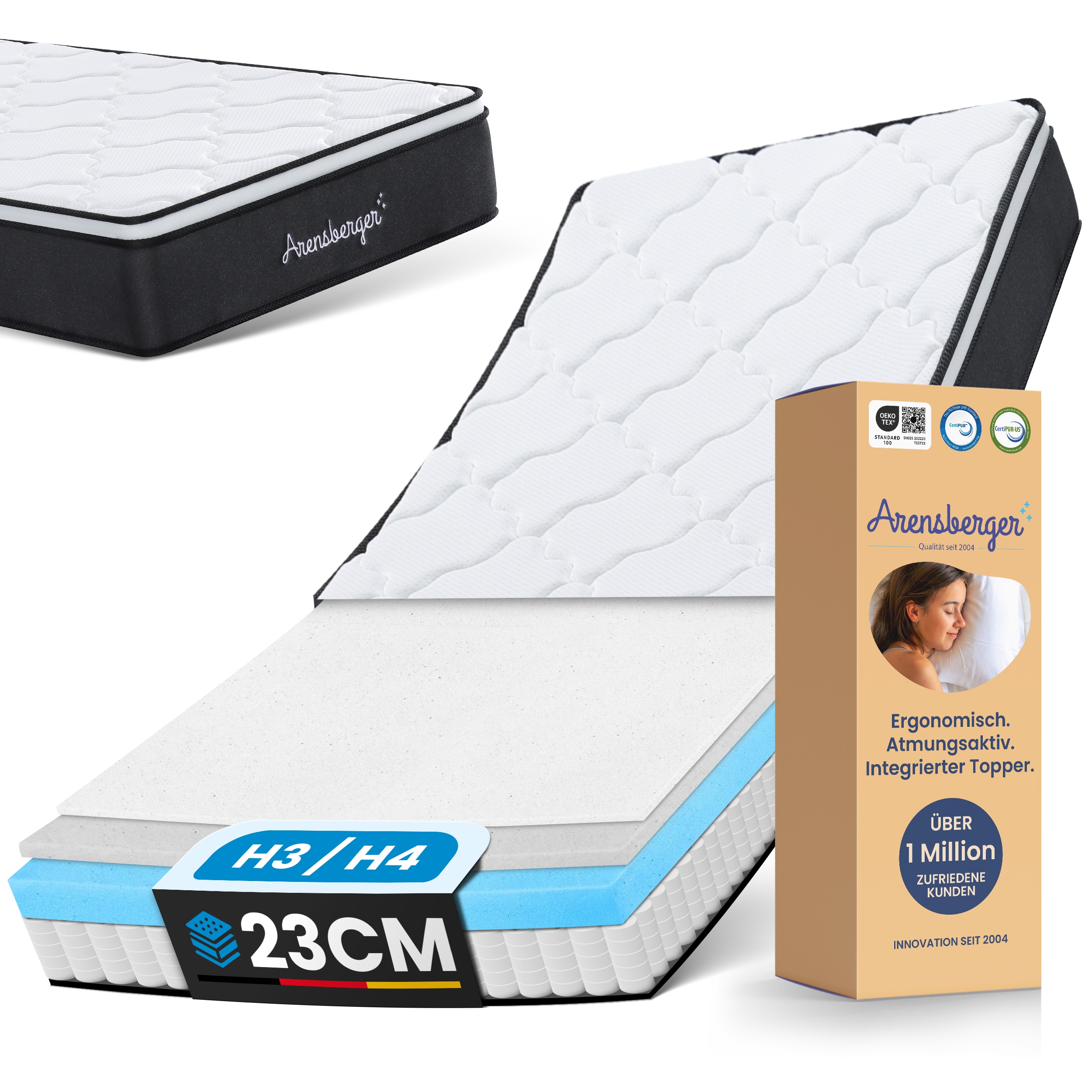 Arensberger EMILIA Federkernmatratze mit GEL-Schaum und integriertem Topper | 120x200 cm H&ouml;he 23cm | H&auml;rtegrad H3/ H4 | HR Taschenfederkern Matratze 