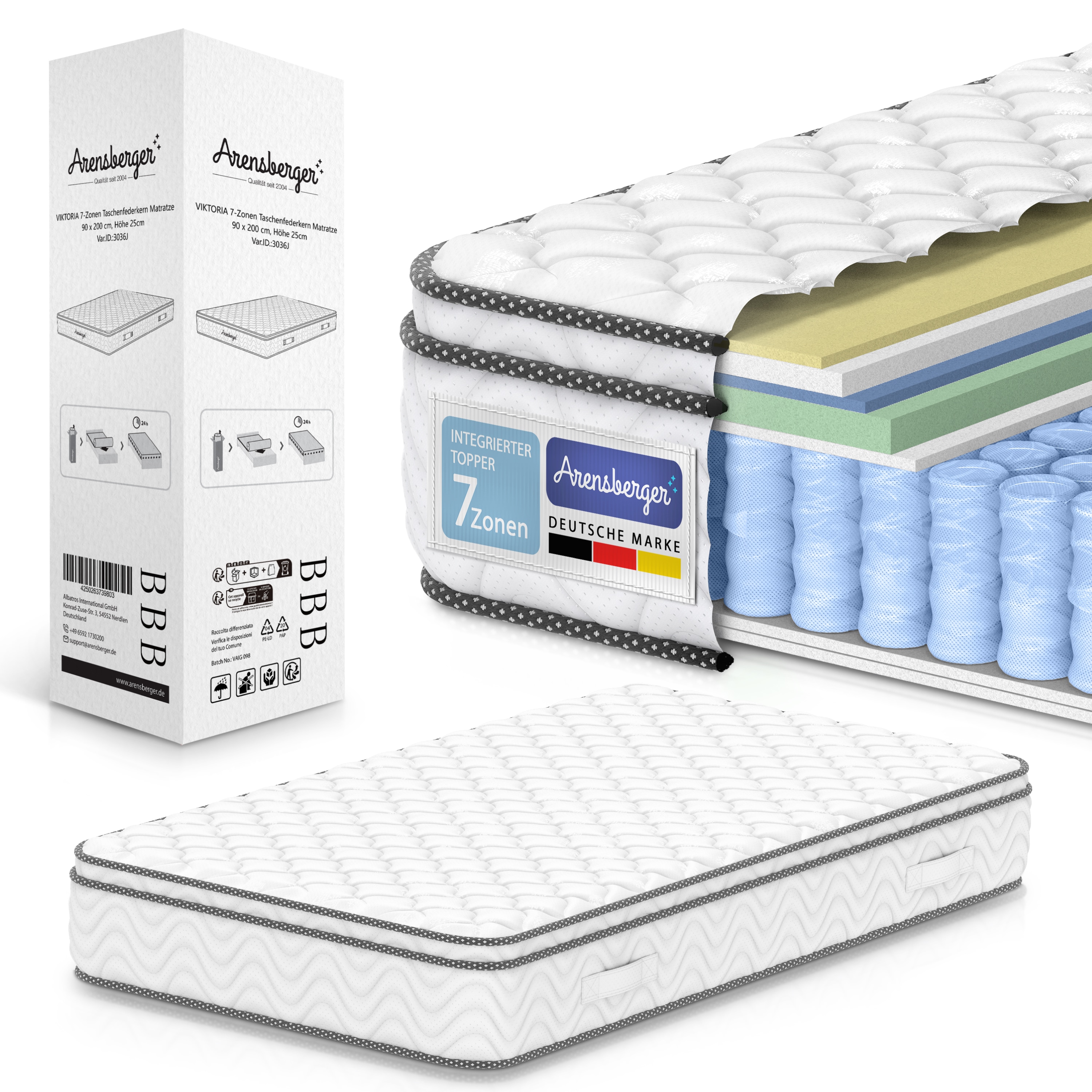 VIKTORIA Taschen Federkernmatratze 90x200 cm - Integrierter Topper; 25cm H&ouml;he; H4, H3, H2 Misch-H&auml;rtegrad; 7 Zonen Matratze - Taschenfederkernmatratze mit hoher Punktelastizit&auml;t 