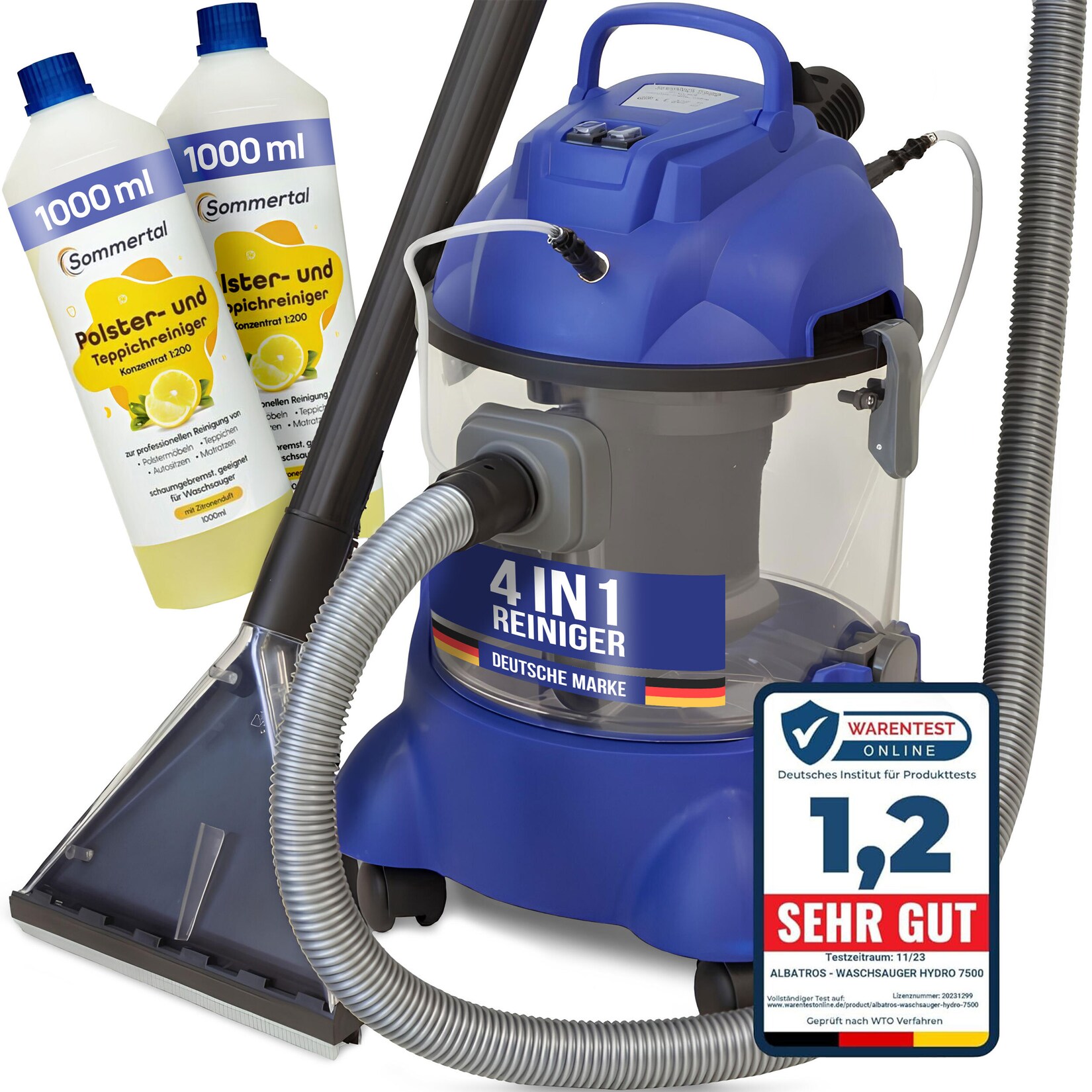 XXL Waschsauger Hydro 7500 + Reiniger - 4in1 Polsterreiniger Teppichreiniger - 1200 Watt, 20l Volumen, 22 kPa Saugleistung