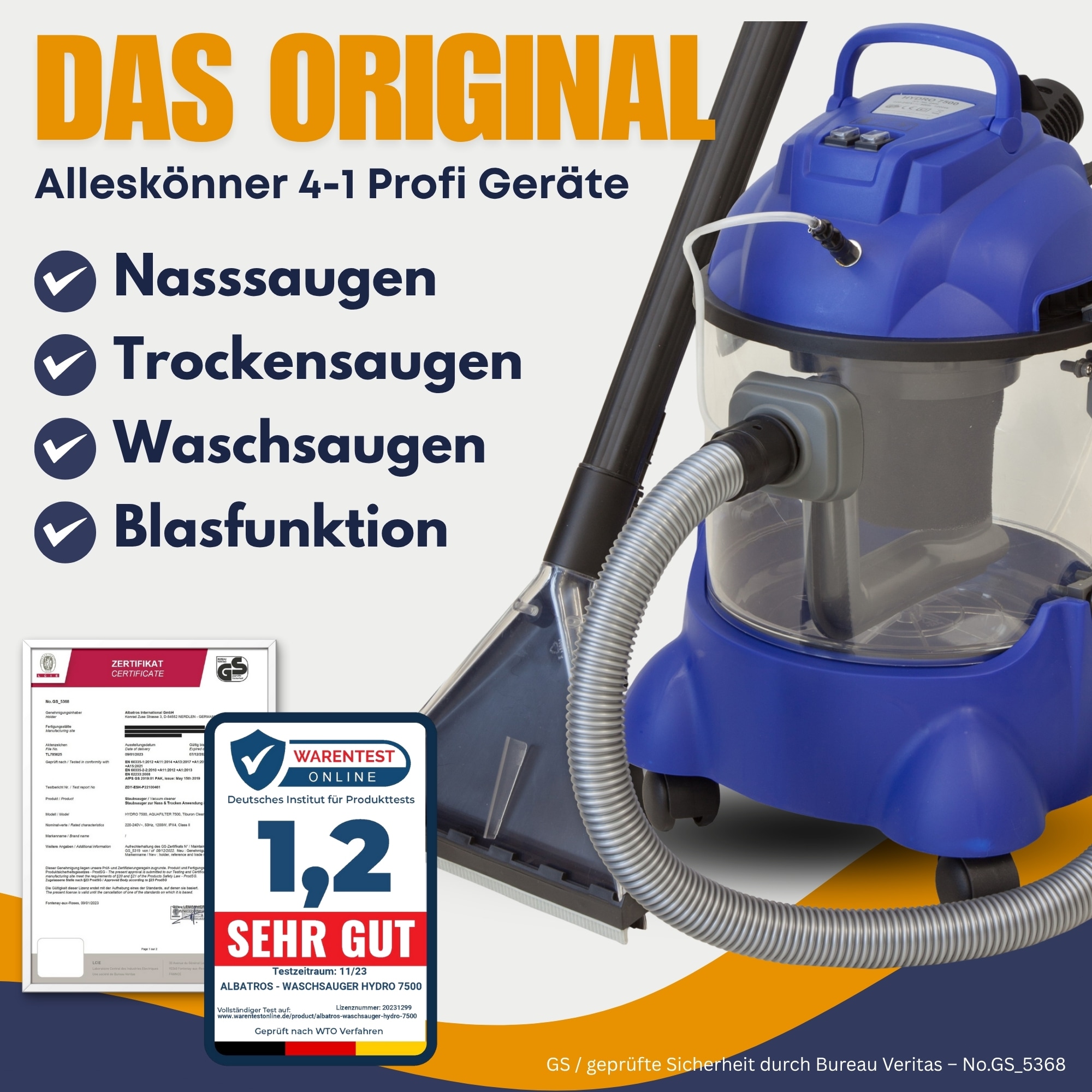 ALBATROS XXL Waschsauger Hydro 7500 +2L Reiniger - 4in1 Polsterreiniger Teppichreiniger
