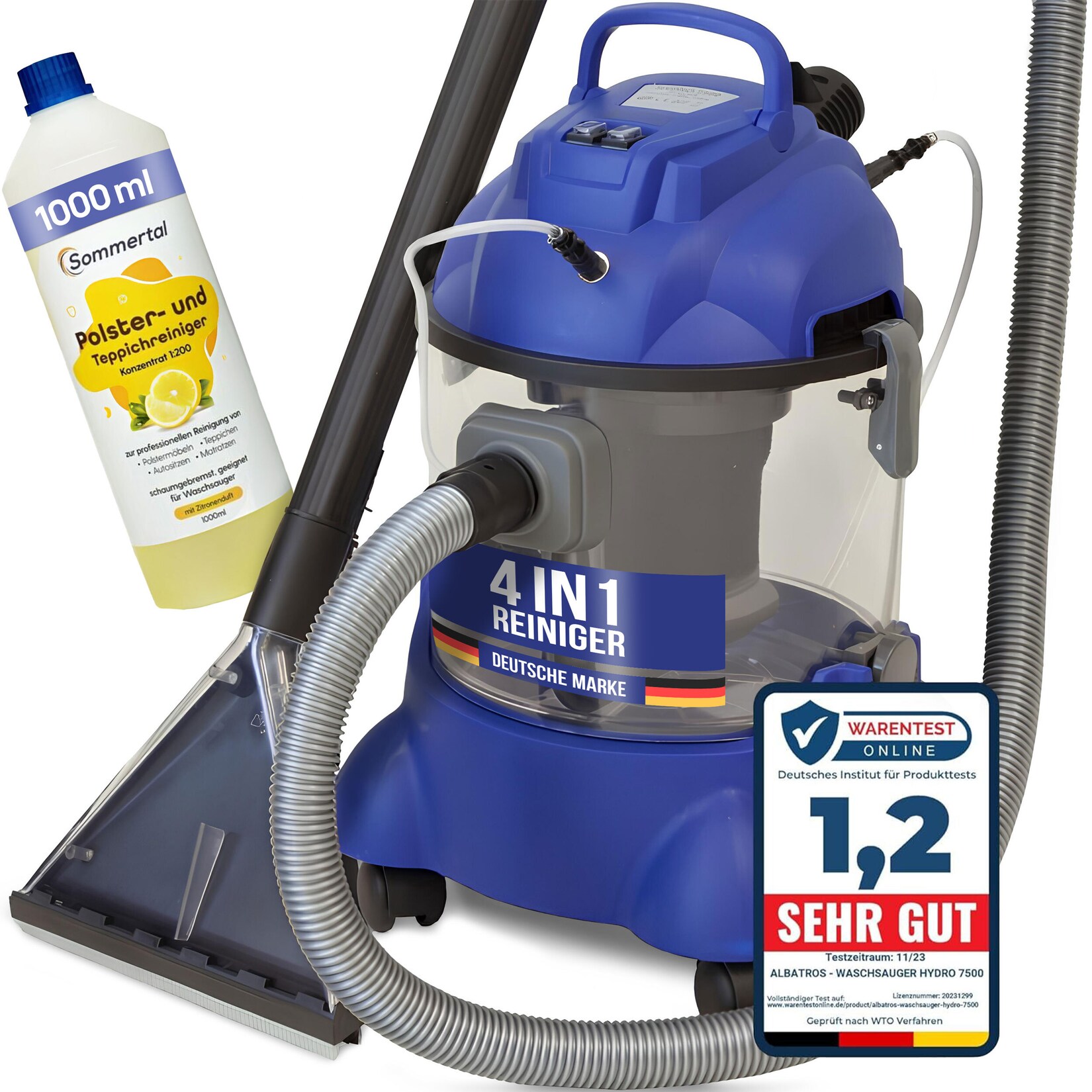Waschsauger Polster + Teppich HYDRO 7500 inkl.  Shampoo - 4in1 Nass Trockensauger 1200 Watt 20l Volumen 16 kPa Saugleistung - Polsterreiniger Reinigungsgerät Professionellen Aufbereitung