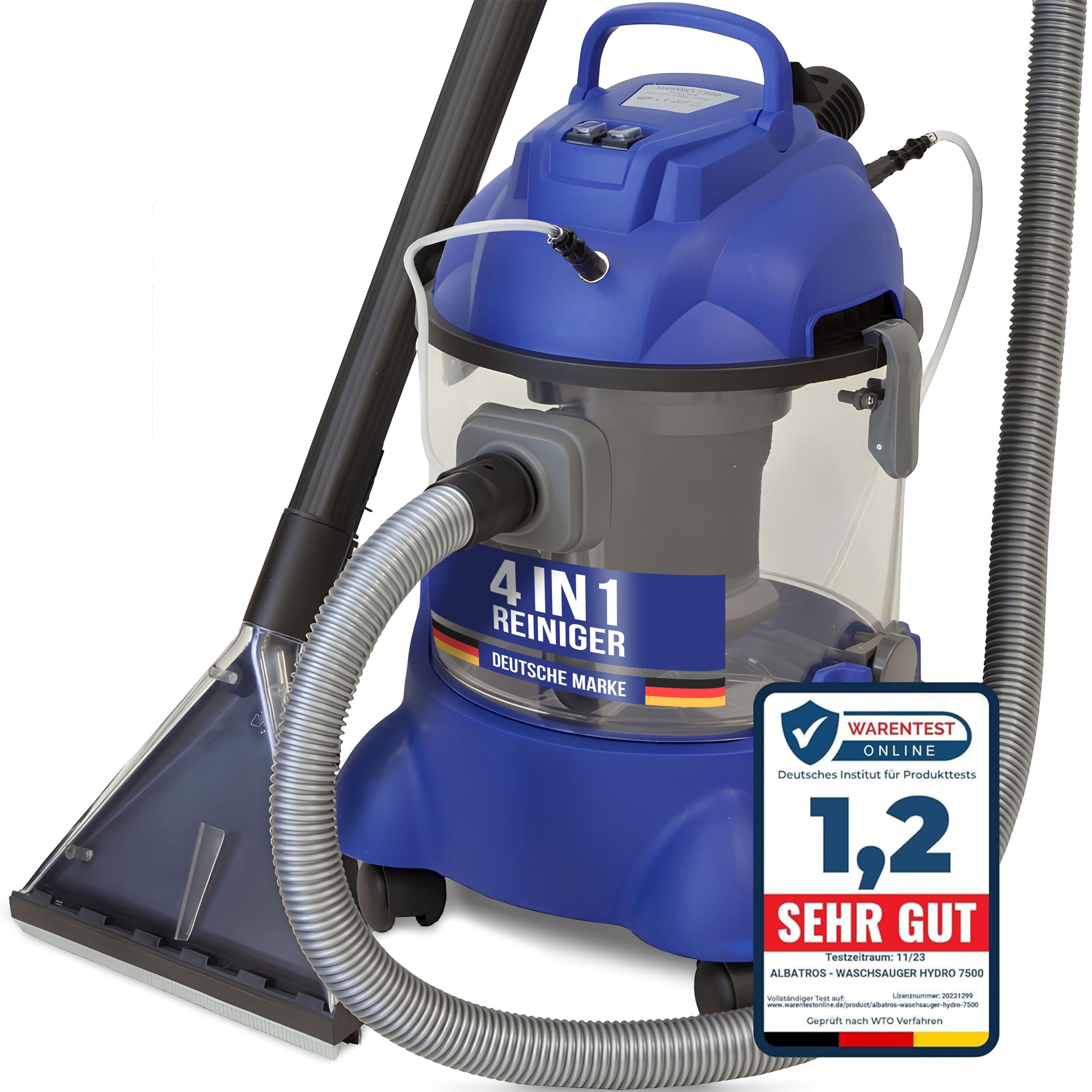 Waschsauger Polster + Teppich HYDRO 7500 - 4in1 Nass Trockensauger - 1200 Watt 20l Volumen 16 kPa Saugleistung - Polsterreiniger Teppichreiniger Reinigungsger&auml;t Professionelle Aufbereitung 