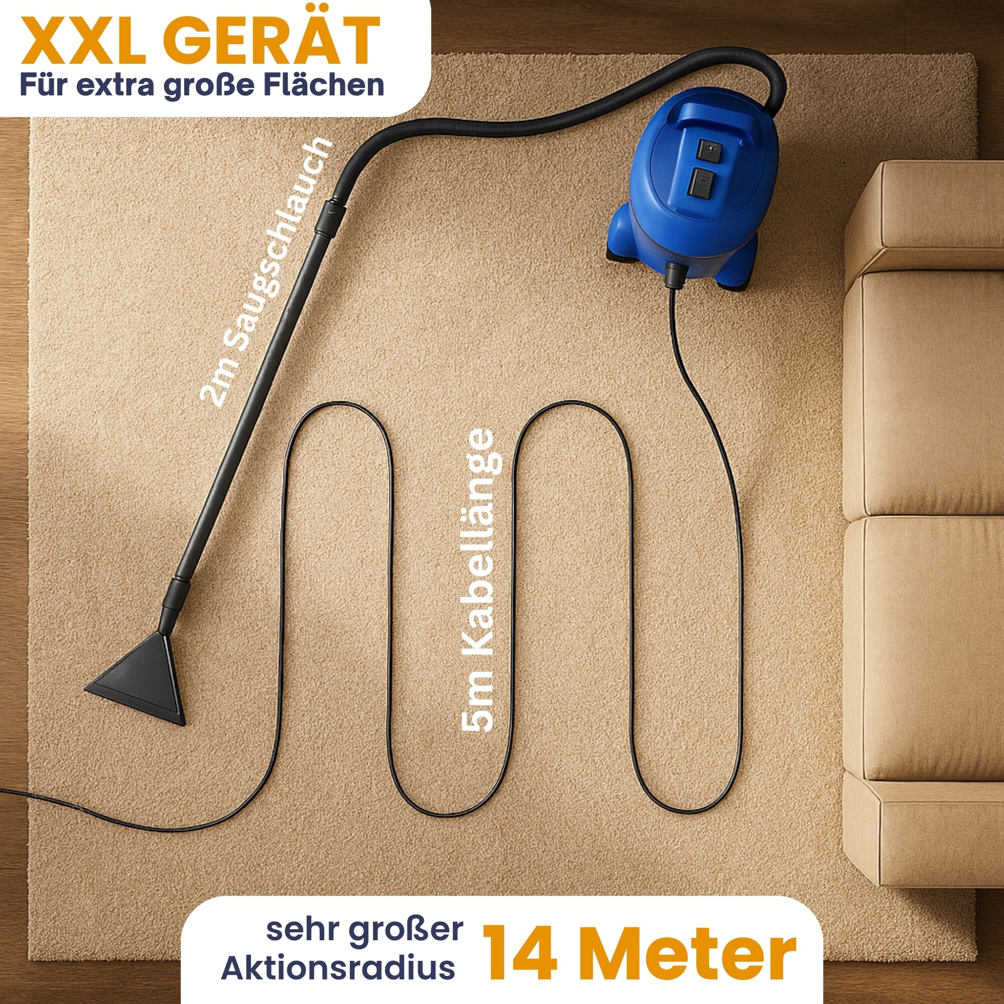 Waschsauger Polster + Teppich HYDRO 7500 - 4in1 Nass Trockensauger - 1200 Watt 20l Volumen 16 kPa Saugleistung