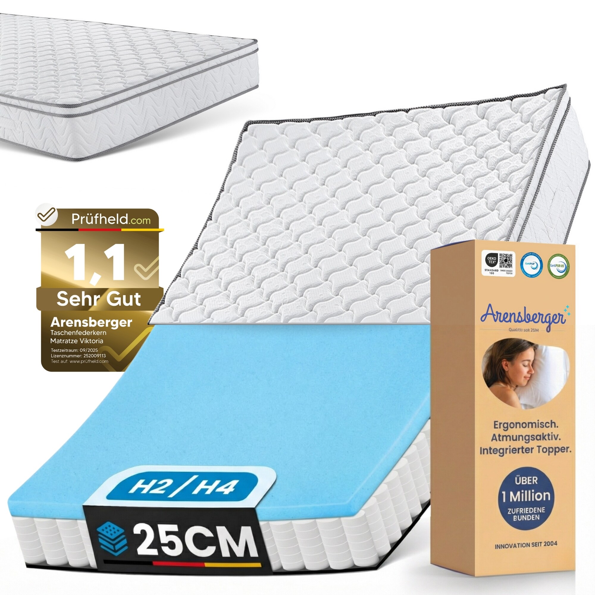 VIKTORIA Taschen Federkernmatratze 120x200 cm - Integrierter Topper; 25cm H&ouml;he; H4, H3, H2 Misch-H&auml;rtegrad; 7 Zonen Matratze - Taschenfederkernmatratze mit hoher Punktelastizit&auml;t 
