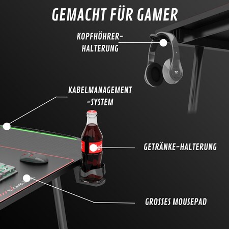 EXCAPE Gaming Tisch A14 mit LED Beleuchtung 140cm (+10cm Extensions) -  Beine in A-Form Carbon-Optik, Schreibtisch Gaming-Getränkehalter