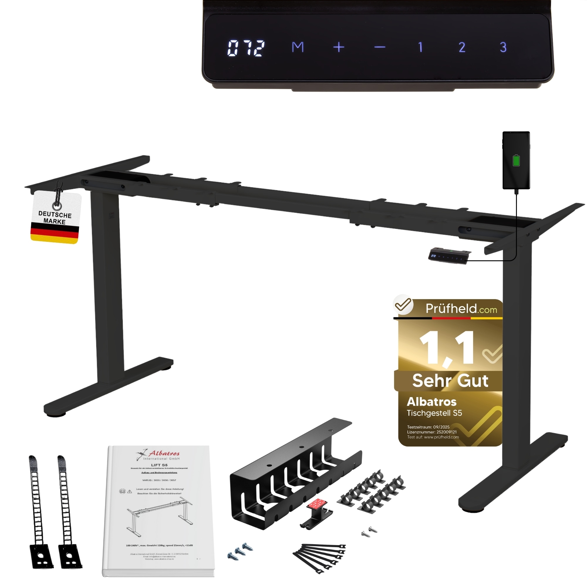 ALBATROS Schreibtisch-Gestell Lift S5B + Kabelkanal, Schwarz, 2X Motoren, elektrisch h&ouml;henverstellbar mit Memory-Funktion, Kollisionsschutz und Soft-Start/Stop 