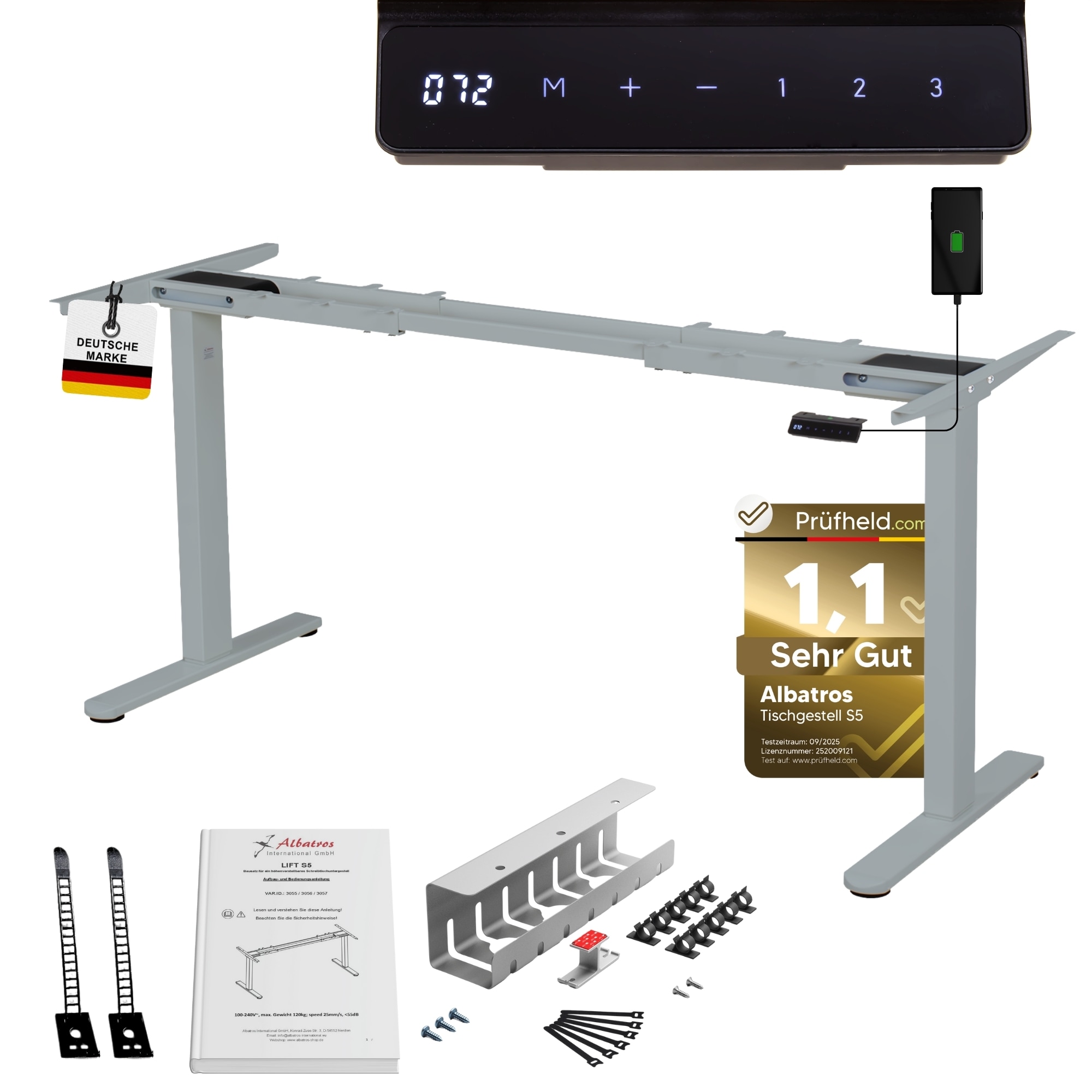 ALBATROS Schreibtisch-Gestell Lift S5S + Kabelkanal, Silber, 2X Motoren, elektrisch h&ouml;henverstellbar mit Memory-Funktion, Kollisionsschutz und Soft-Start/Stop 