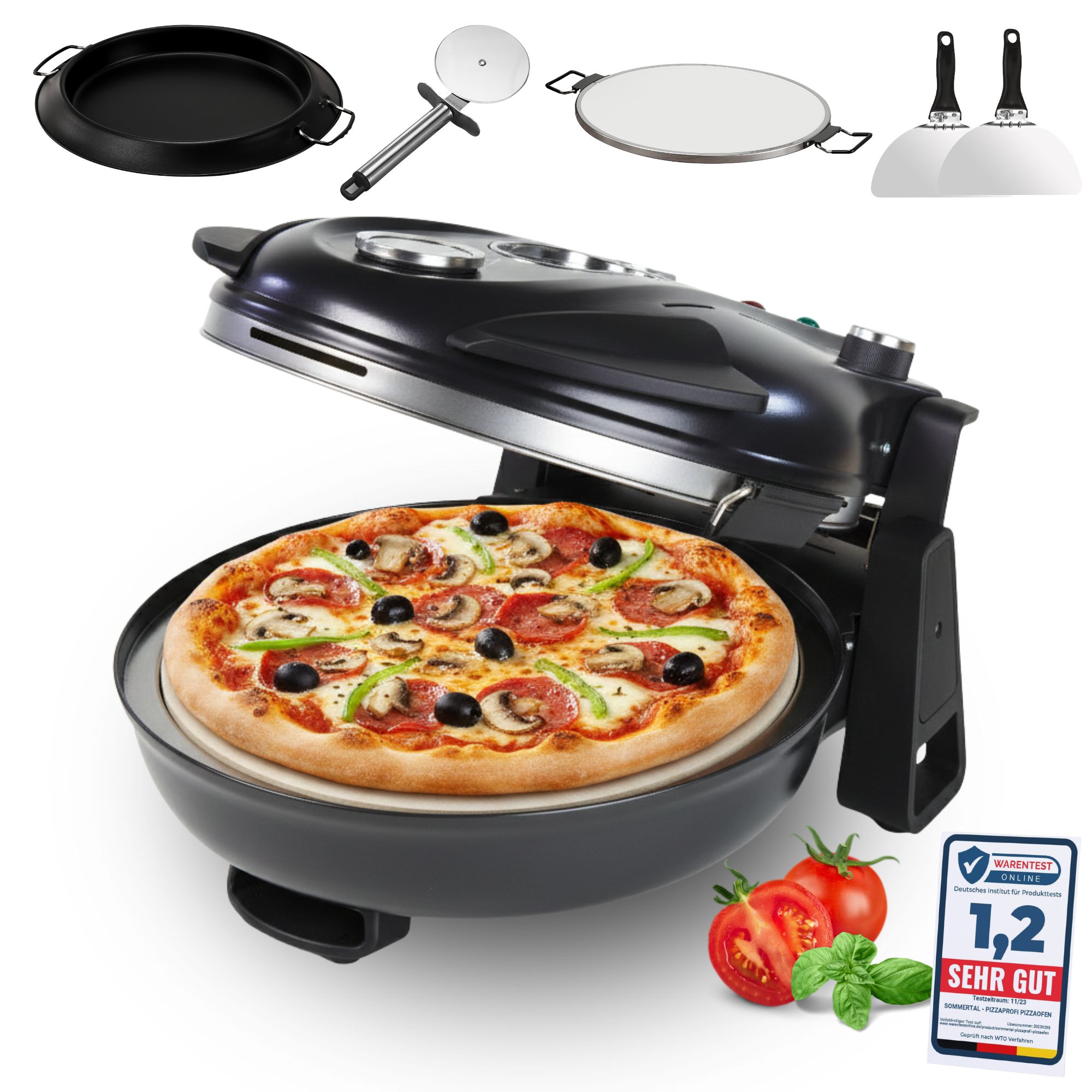 Sommertal PizzaProfi Pizzaofen, 32cm Pizzastein, schnelle 3-Minuten Pizza, 5-teiliges Set mit Pfanneneinsatz, 2x Pizzaschieber, Pizzaschneider, Steinplatte, Temperaturanzeige, max. 400&deg;C 