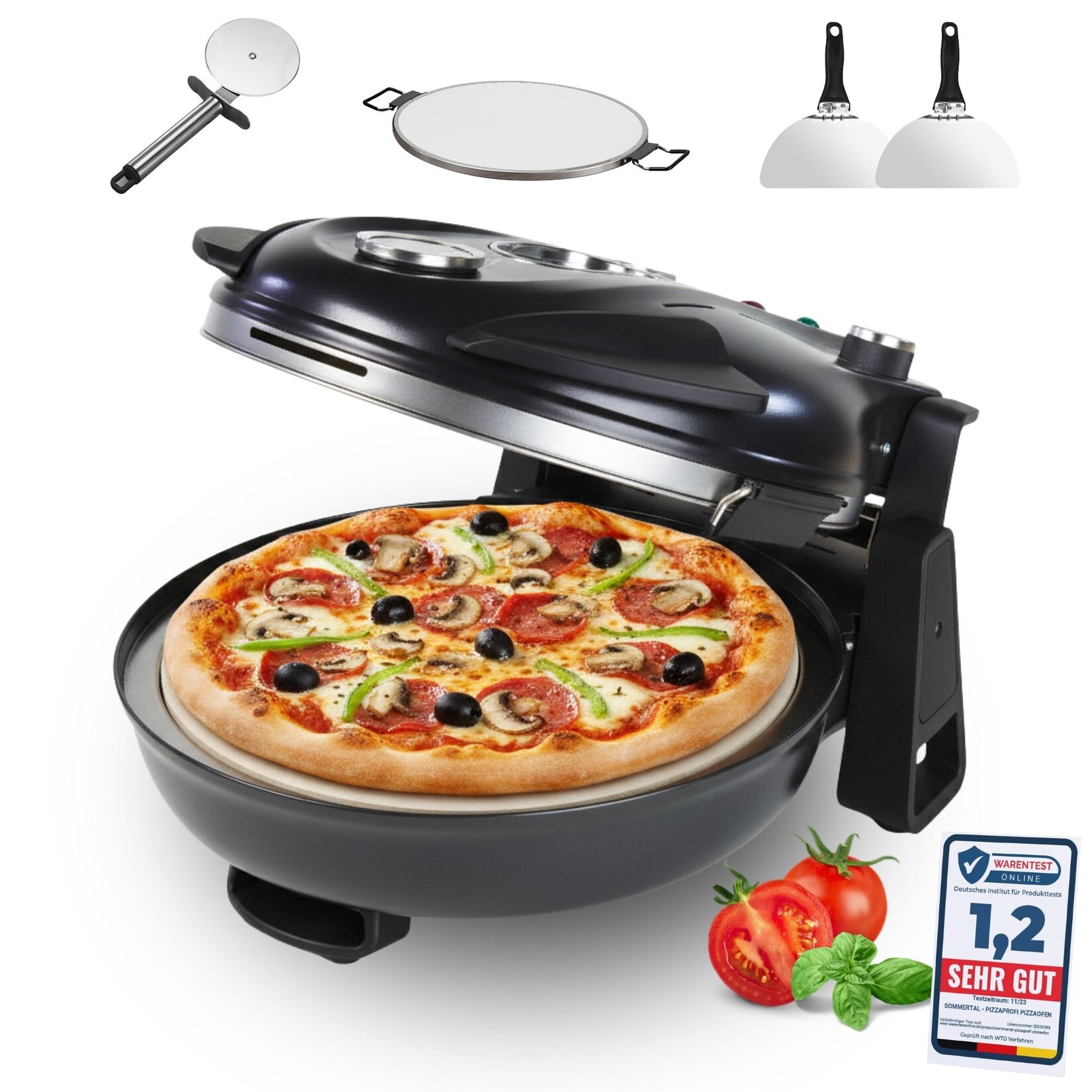 PizzaProfi Pizzaofen, 32cm Pizzastein, schnelle 3-Minuten Pizza, 5-teiliges Set, 2x Pizzaschieber, Pizzaschneider, Steinplatte, Temperaturanzeige, max. 400°C