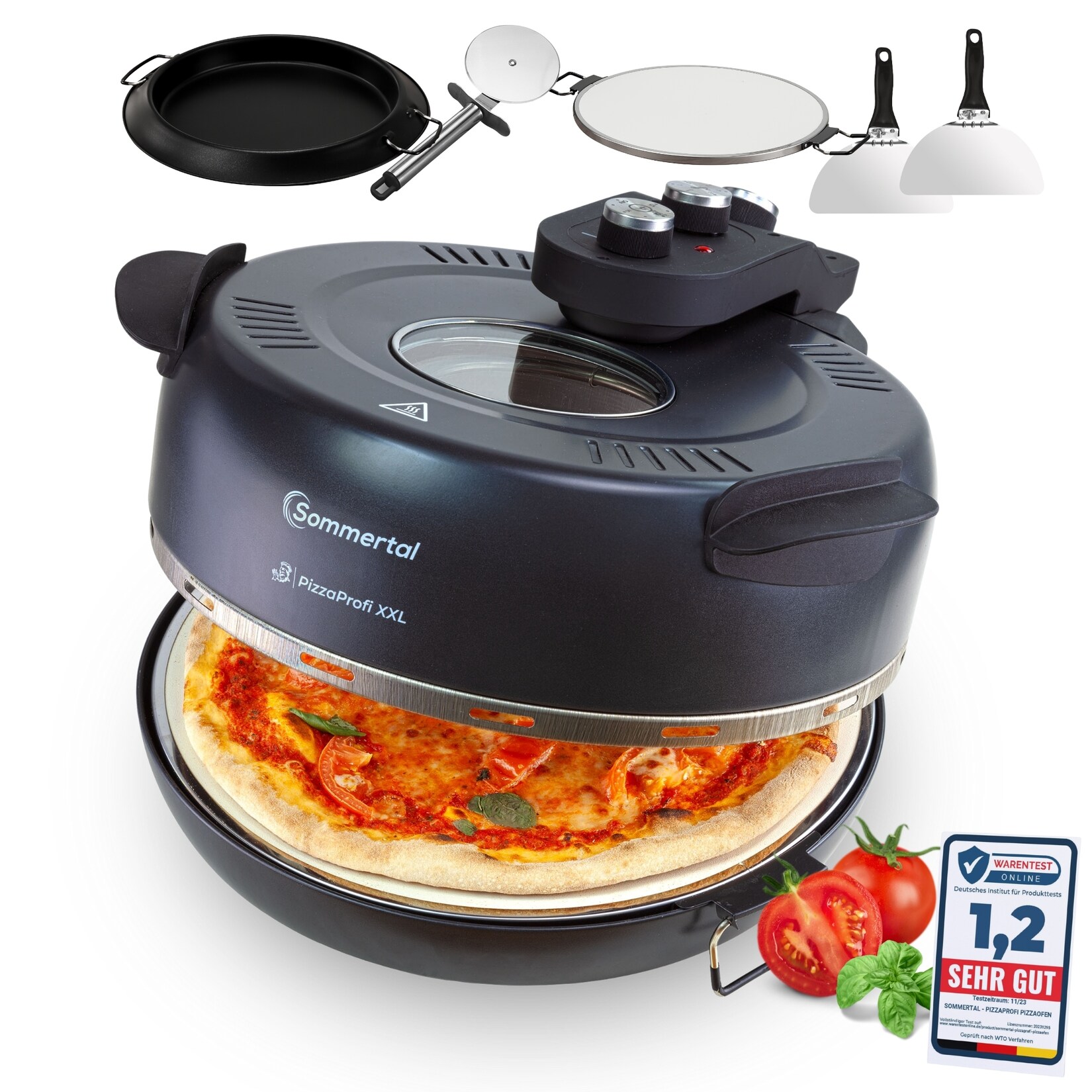 PizzaProfi XXL Pizzaofen mit 39cm Steinplatte, Pizza Ofen elektrisch, schnelle 3-Minuten Pizza, bis 380°C 5-teiliges Set mit Pfanneneinsatz, 2x Pizzaschieber, Schneider, Pizzastein
