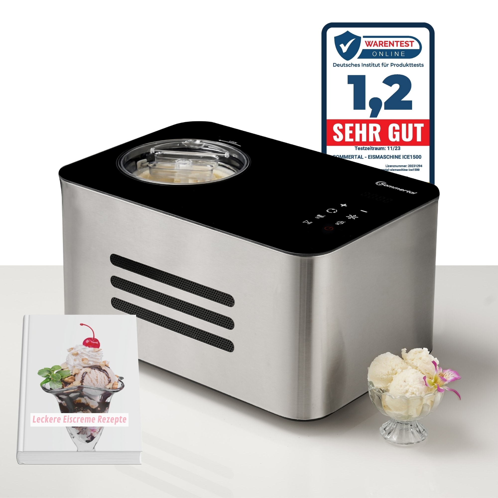 Sommertal Eiscreme Maschine ICE1500 3-in-1 Eismaschine, Milcheis & Sorbet, Eiscrememaschine aus Edelstahl mit K&uuml;hlhalte Funktion, Speiseeis zum selber machen, 1,5L, 150 W mit Kompressor 