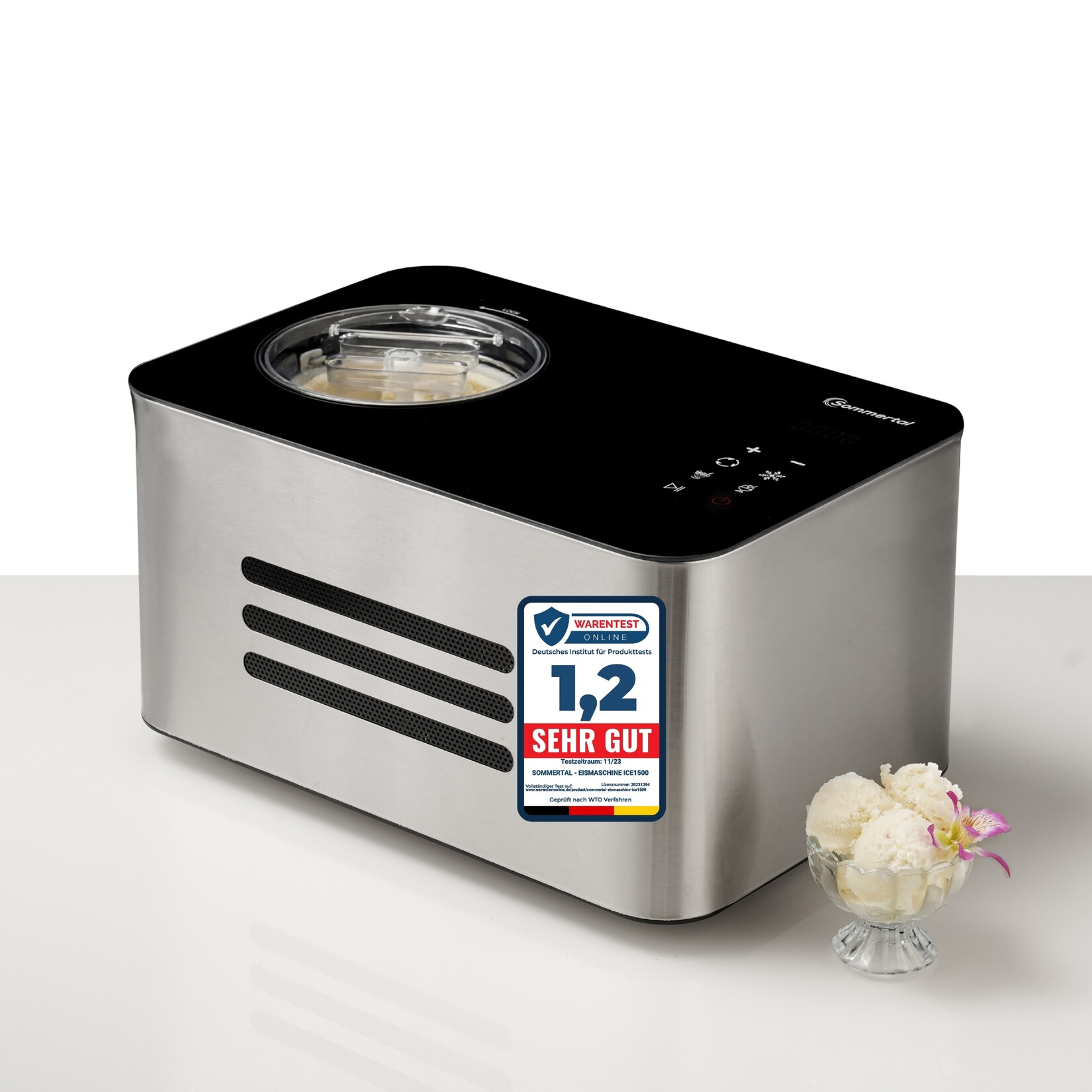 Sommertal Eiscreme Maschine ICE1500 3-in-1 Eismaschine, Milcheis & Sorbet, Eiscrememaschine aus Edelstahl mit Kühlhalte Funktion, Speiseeis zum selber machen, 1,5L, 150 W mit Kompressor