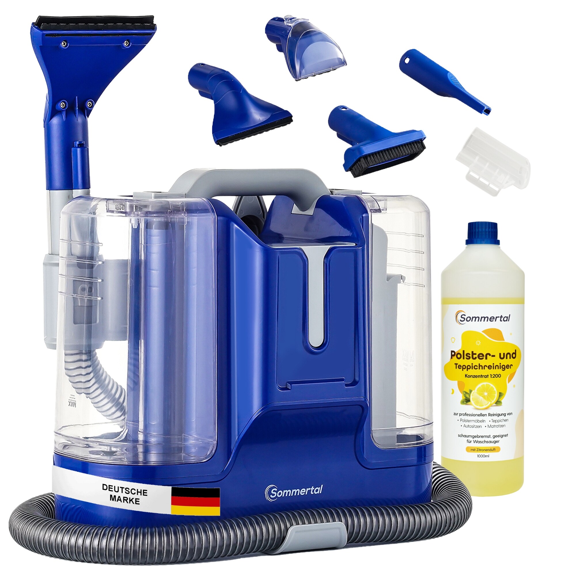 SOMMERTAL CompactCleaner WS450 5in1 + 1L Polsterreiniger, Ger&auml;t f&uuml;r Teppiche, Treppen, Polster, Sofa, Auto, Tiere, Flecken, Leistungsstarker 450w Motor, Waschsauger, mit Zubeh&ouml;r, Selbstreinigung 