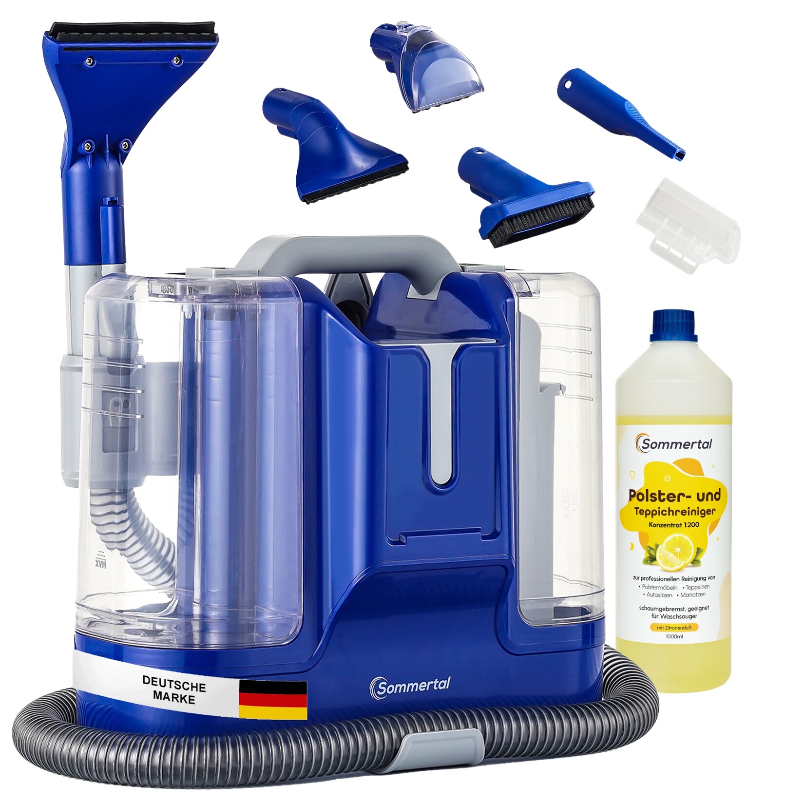SOMMERTAL CompactCleaner WS450 5in1 +  Polsterreiniger, Gerät für Teppiche, Treppen, Polster, Sofa, Auto, Tiere, Flecken, Leistungsstarker 450w Motor, Waschsauger, mit Zubehör, Selbstreinigung