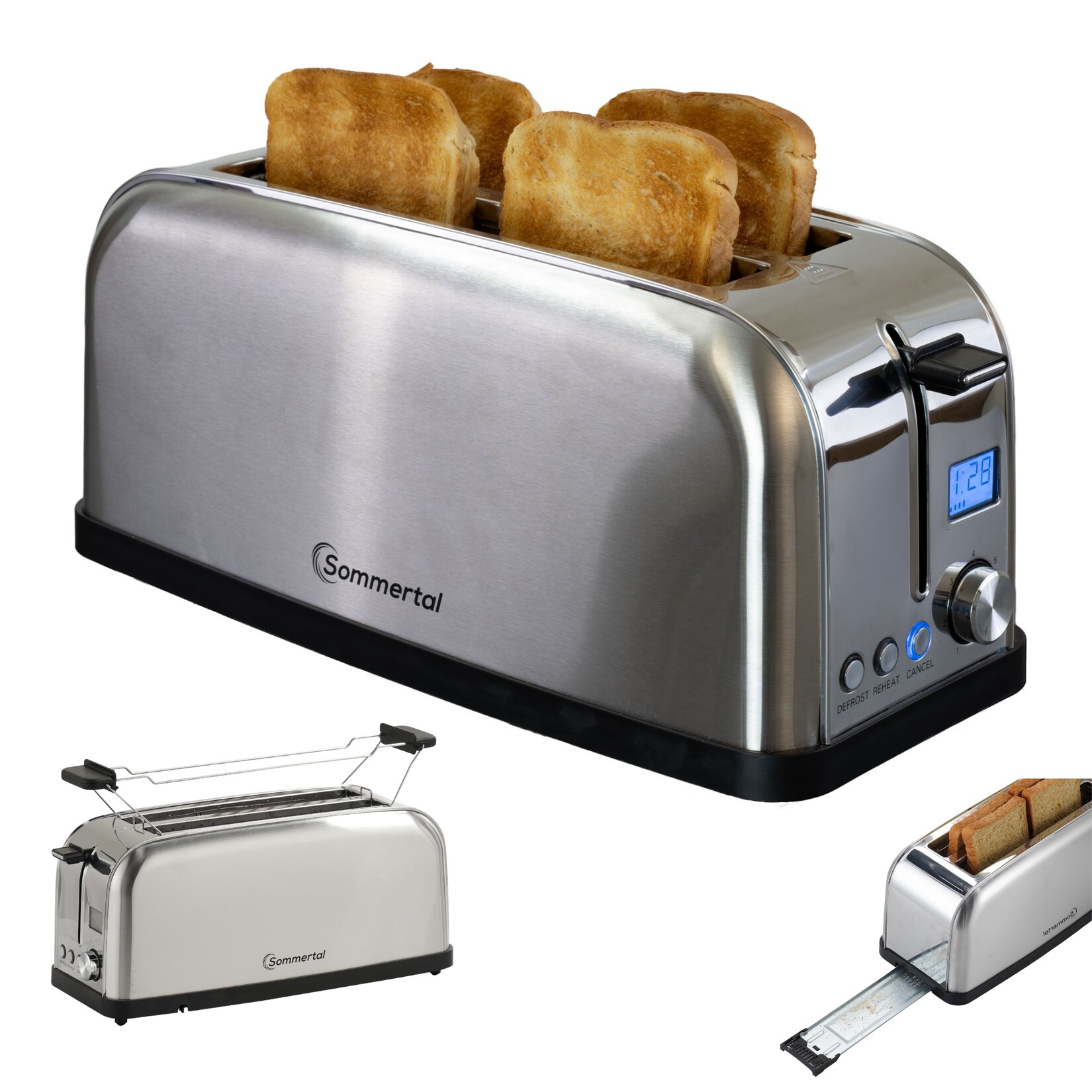 Toaster ST1500 XXL, 4 Scheiben mit Brötchenaufsatz, Display mit Timer und Restlaufanzeige, Langschlitztoaster Restlaufzeit, Retro Design Langschlitz Edelstahl 1500W