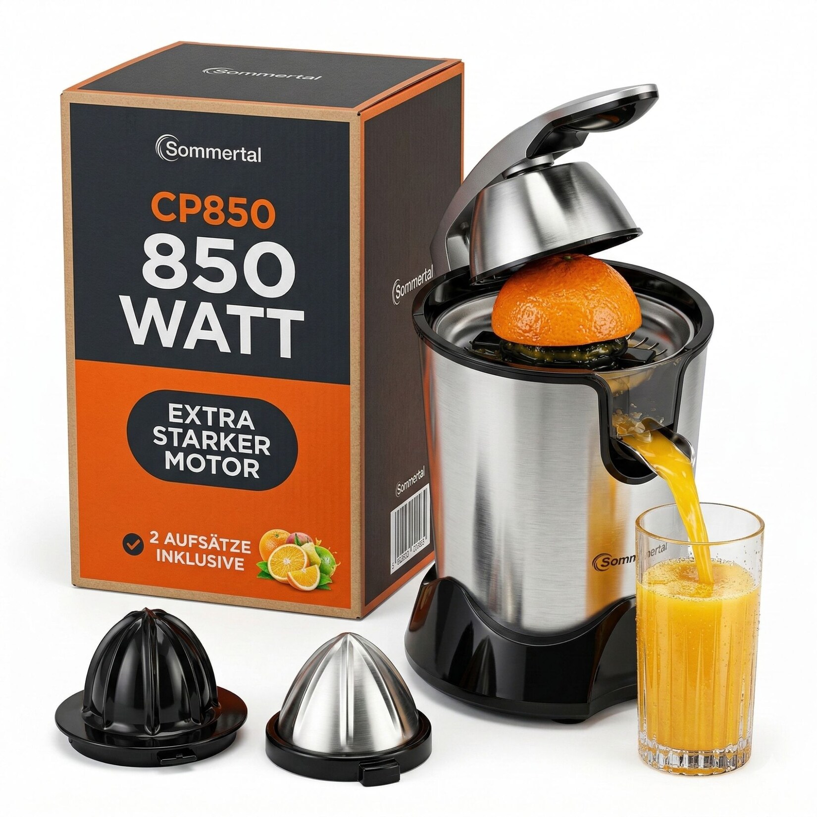 Zitruspresse CP850 elektrische Saftpresse inkl. 2 Presskegel, manuelle Handpresse, Orangenpresse Zitronenpresse aus Edelstahl, Juicer Entsafter mit starkem 850W Motor