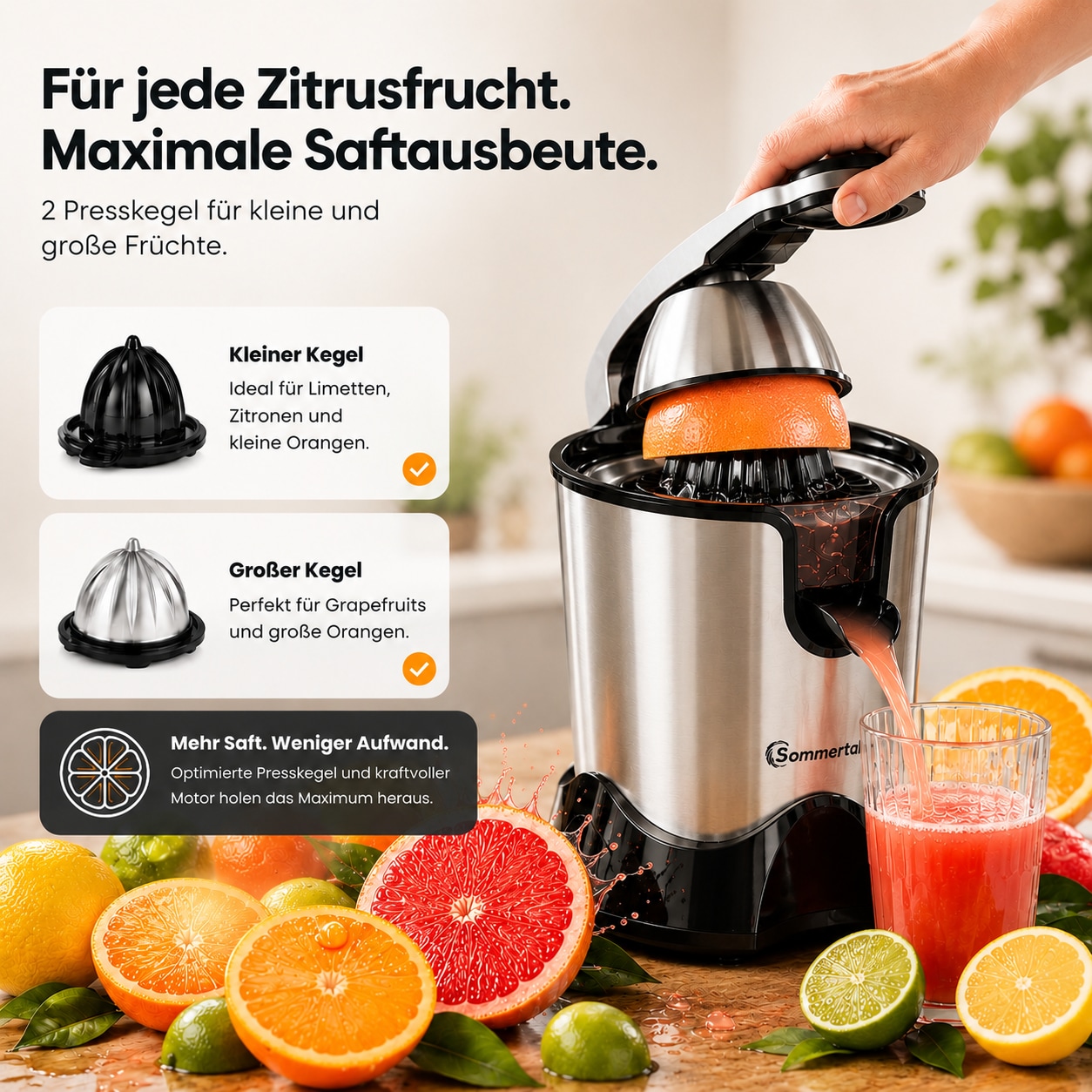 SPORTARC Elektrische Zitruspresse Kabellos – USB-ladbarer Entsafter Für Orangen & Zitronen (grün, Edelstahl-Kegel)