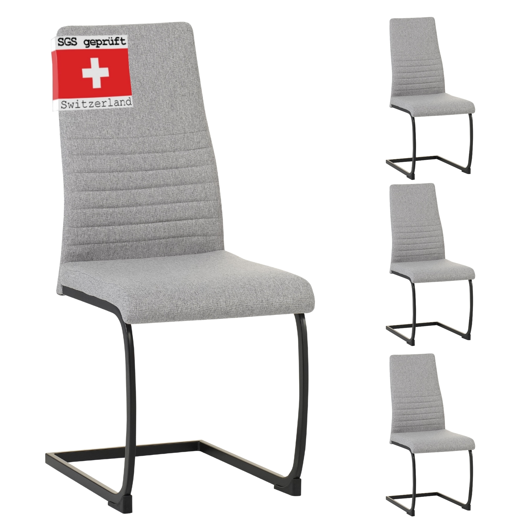 ALBATROS Freischwinger Stuhl TURANO 4er Set, Grau - Esszimmerstuhl Schwingstuhl mit Modernem Design, Stoff-Bezug, Dicke Polsterung - K&uuml;chenstuhl, Polster-Stuhl Esszimmer, Esstisch Stuhl 