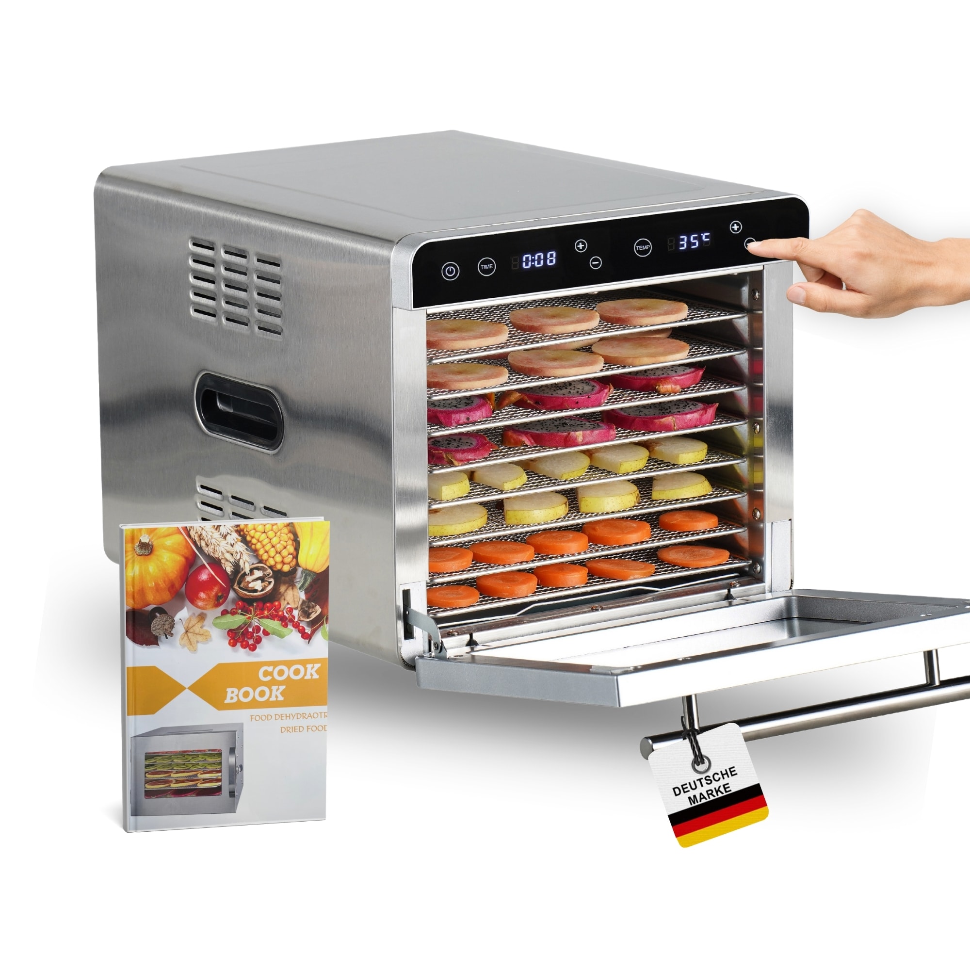 Sommertal D&ouml;rrautomat Silence 700 XXL inkl. 8 Edelstahl D&ouml;rrgitter, LED-Display, 24h Timer, Temperatureinstellung von (35&deg;C&ndash;85&deg;C) einstellbar, inkl. Kochbuch, Profi D&ouml;rrger&auml;t, 700W Dehydrator 