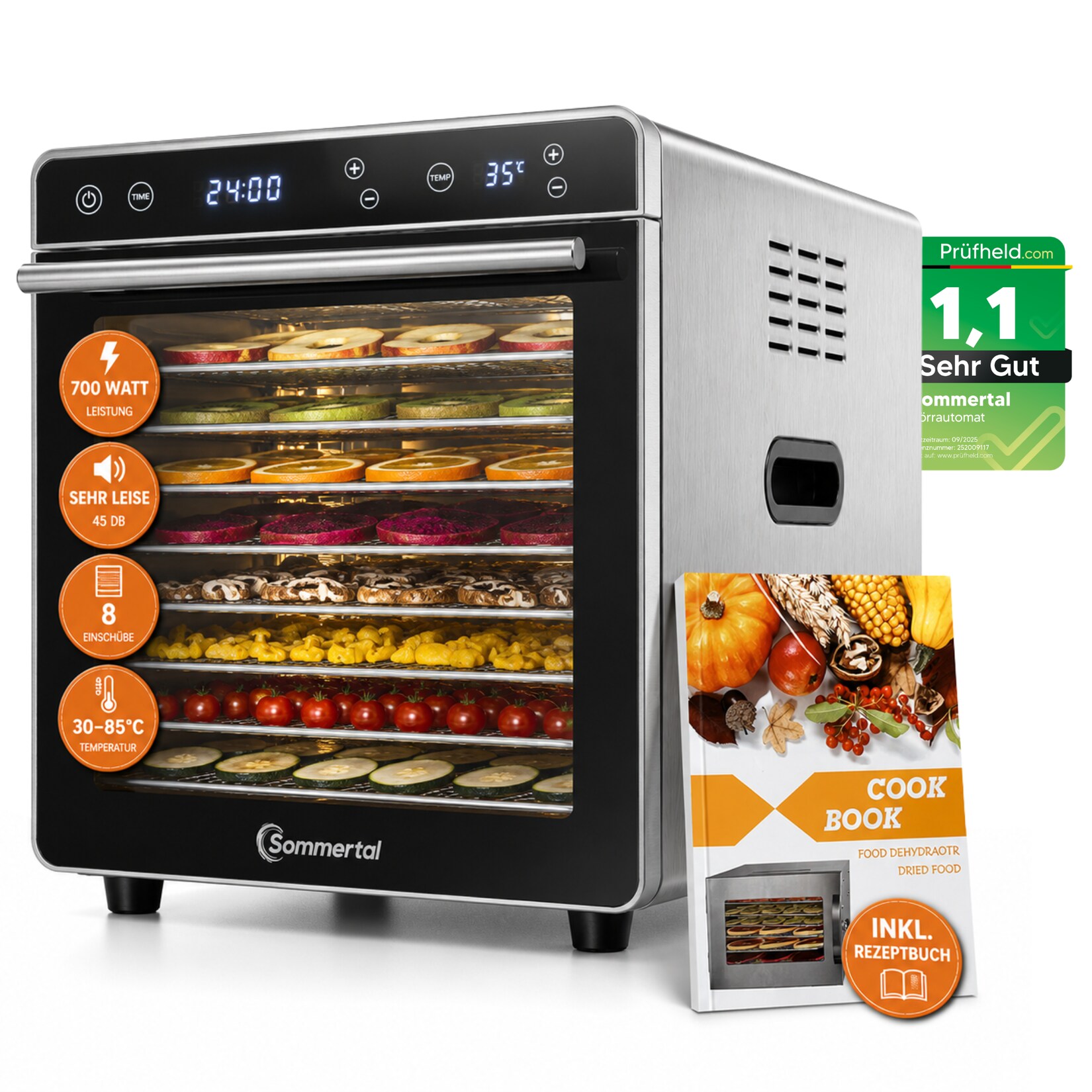 Dörrautomat Silence 700 XXL inkl. 8 Edelstahl Dörrgitter, LED-Display, 24h Timer, Temperatureinstellung von (35°C–85°C) einstellbar, inkl. Kochbuch, Profi Dörrgerät, 700W Dehydrator