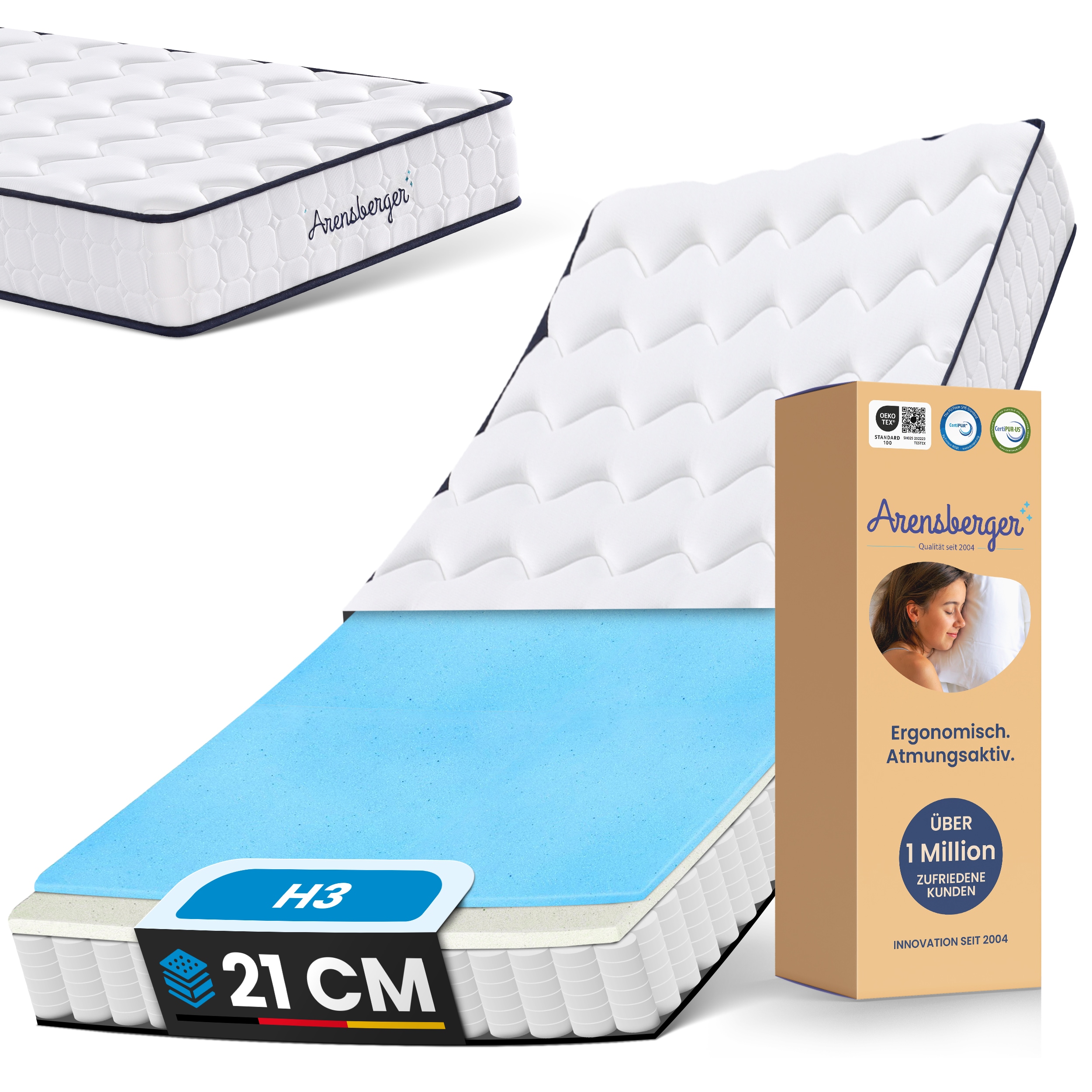 Arensberger LENA Federkernmatratze mit Memoryschaum | 140x200cn H&ouml;he 21cm | H&auml;rtegrad H3 | HR Taschenfederkern Matratze | Rollmatratze | ergonomisch 