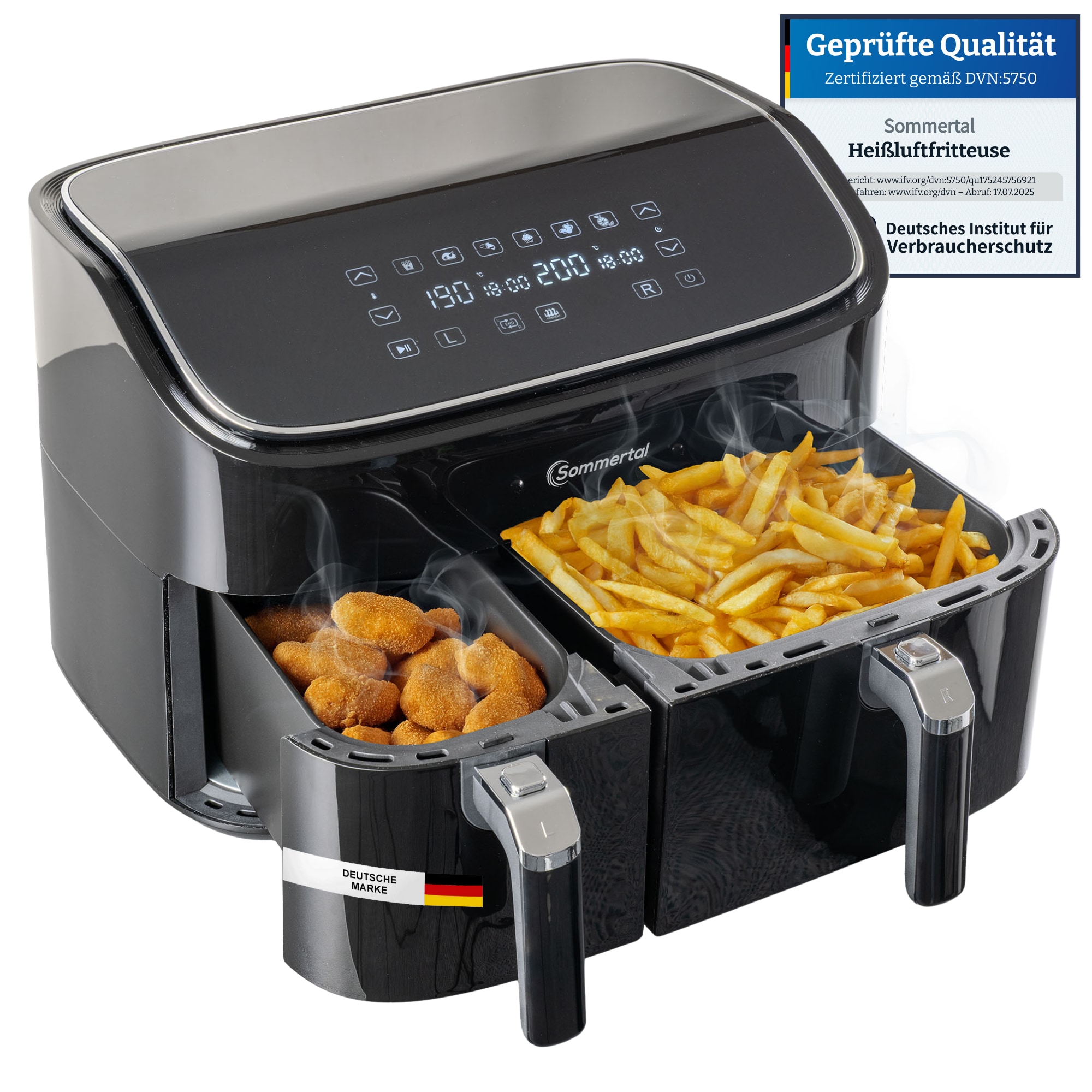 Sommertal Hei&szlig;luftfritteuse HF DUAL 900 mit Doppelkammer | 9 Liter XXL Airfryer & D&ouml;rrger&auml;t | 2850W | Digitales Touch Display | 3D Umluftsystem | Vorheizen | Synchronisierungsfunktion 