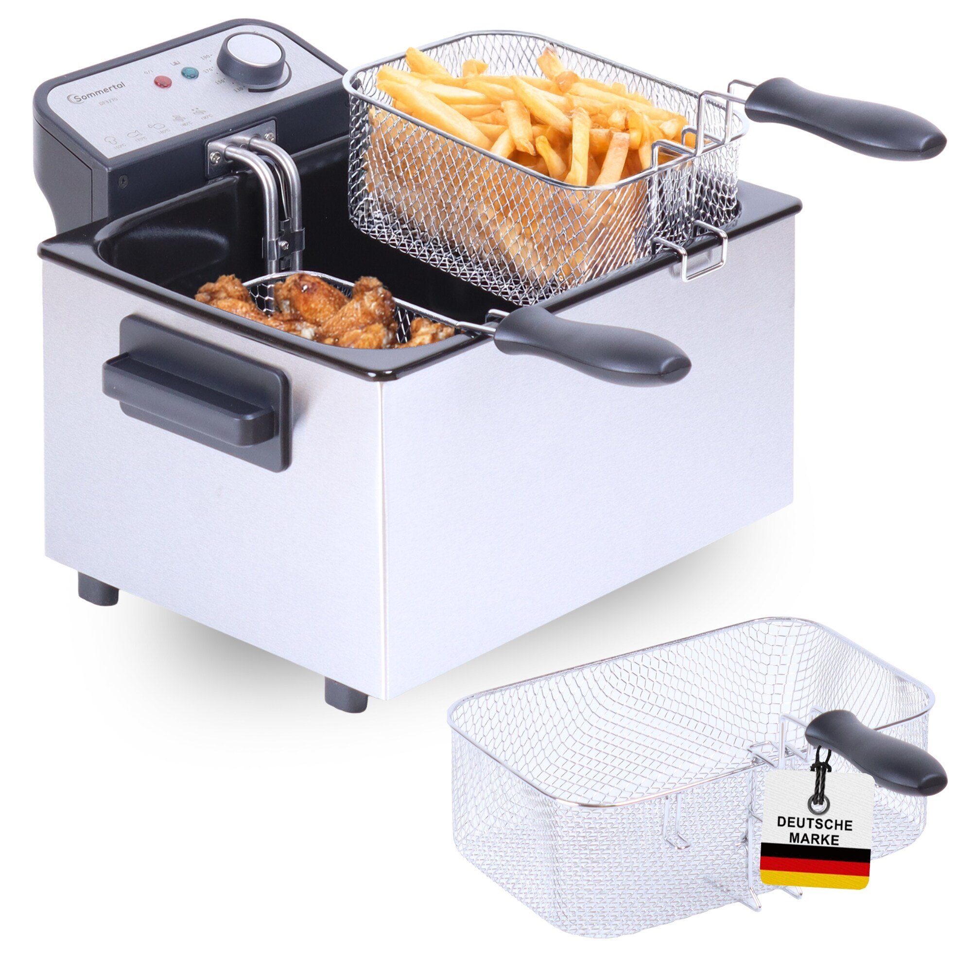 Sommertal XXL Doppel-Fritteuse mit &Ouml;l oder Fett &ndash; 3 K&ouml;rbe, 5 Liter, 3000 Watt, Kaltzone, DF3270 &ndash; echte Edelstahl Fritteuse f&uuml;r knusprige Pommes 