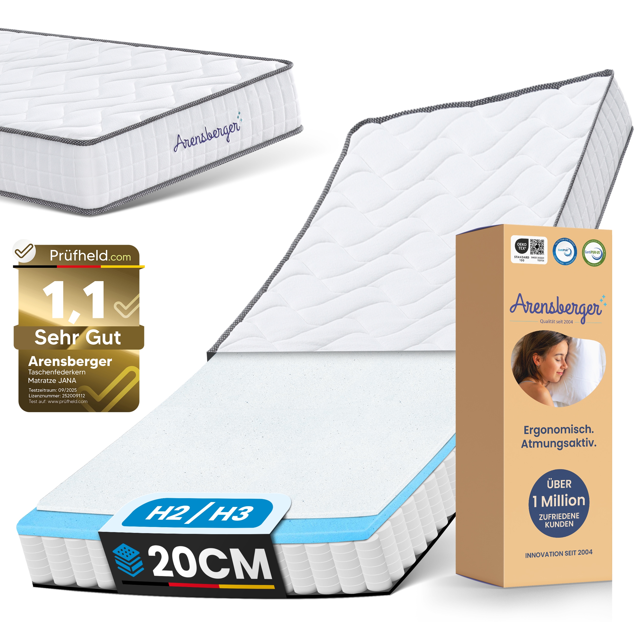 Arensberger JANA Federkernmatratze - 19cm H&ouml;he - Matratze mit Schaumstoff Schicht - H2 H3 Mittelfest &ndash; 7 Zonen - Federkern - Liegekomfort 160x200cm 