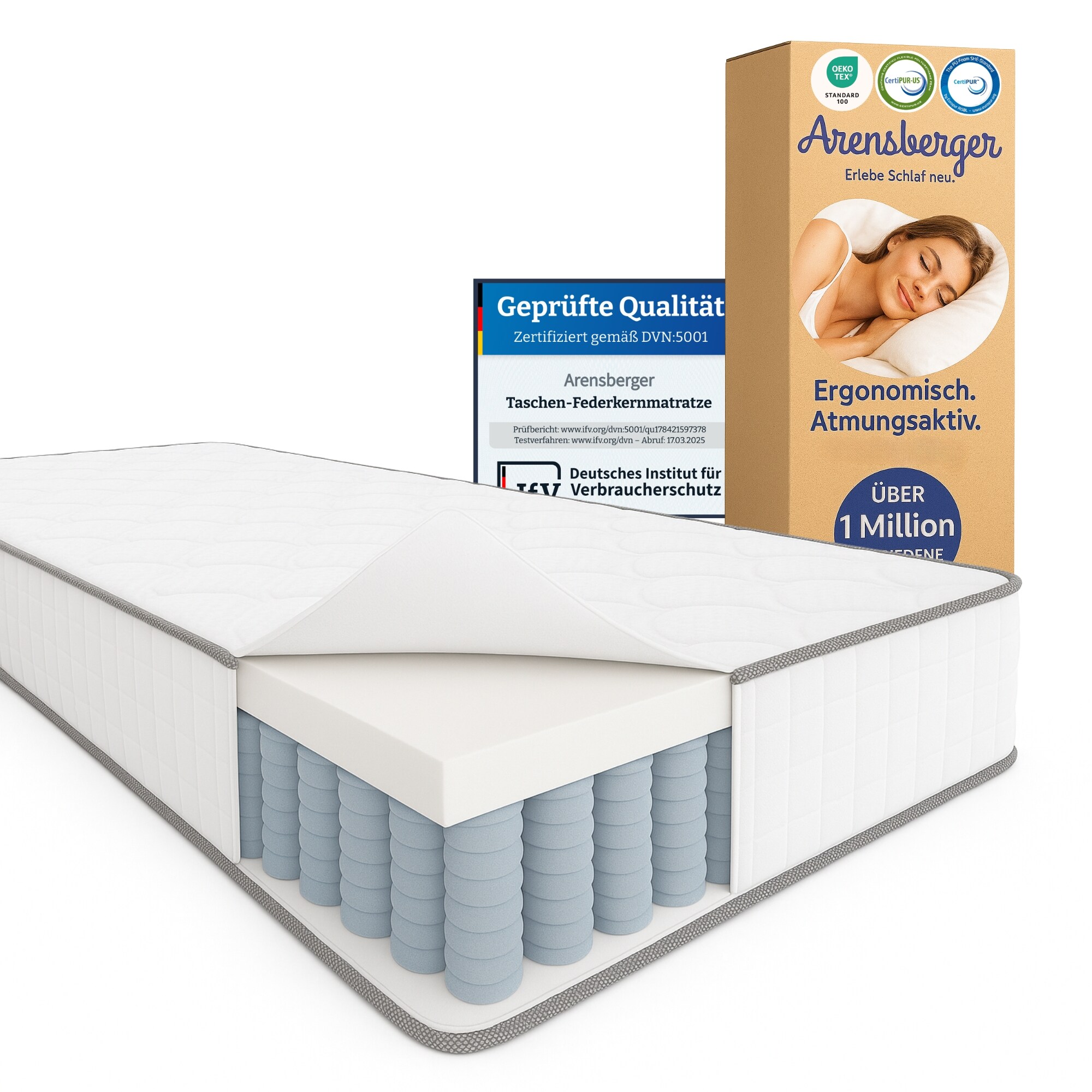 Arensberger JANA Federkernmatratze - 19cm H&ouml;he - Matratze mit Schaumstoff Schicht - H2 H3 Mittelfest &ndash; 7 Zonen - Federkern - Liegekomfort 180x200cm 