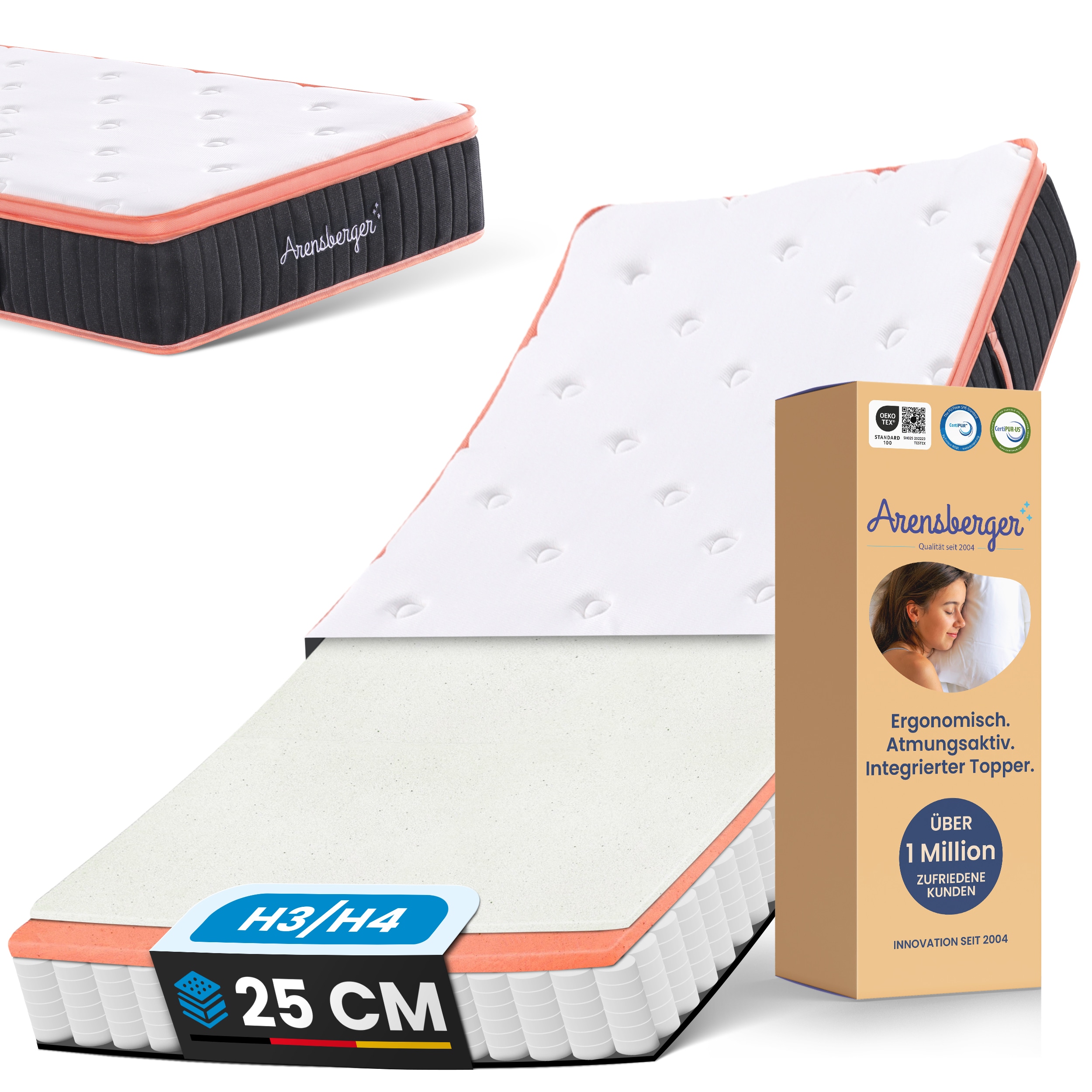 Arensberger Kupfermatratze mit Federkern & Kupferschaum + integrierter Topper | 160x200 cm H&ouml;he 25cm | H&auml;rtegrad H3/ H4 | Taschenfederkern Matratze | Rollmatratze | ergonomisch 