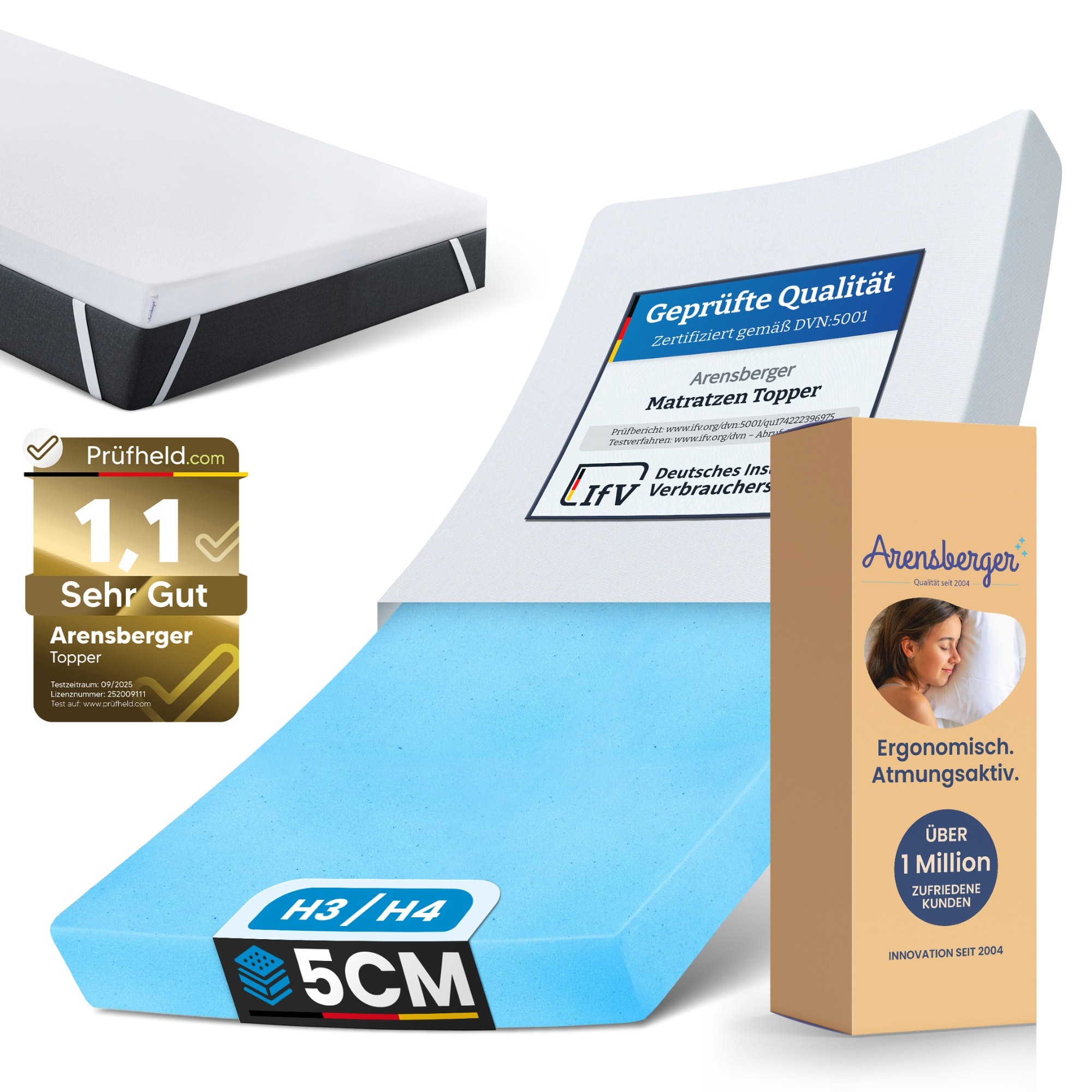 Arensberger Matratzen Topper ESSENCE, 120x200cm, Gelschaum Matratzentopper, waschbarer Bezug, geeignet f&uuml;r Federkern & Schaumstoff Matratzen, H2 H3, Matratzenauflage H&ouml;he 5cm 