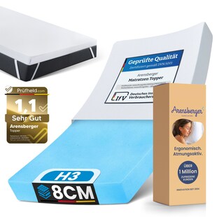 Arensberger Matratzen Topper PREMIUM, 90x200cm, Gelschaum Matratzentopper, waschbarer Bezug, geeignet für Federkern & Schaumstoff Matratzen, H2 H3, Matratzenauflage Höhe 8cm 