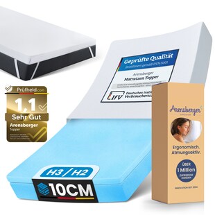 Arensberger Matratzen Topper LUXURY, 90x200cm, Gelschaum und Memory Gel Foam Matratzentopper, waschbarer Bezug, geeignet für Federkern & Matratzen, Matratzenauflage Höhe 10cm 