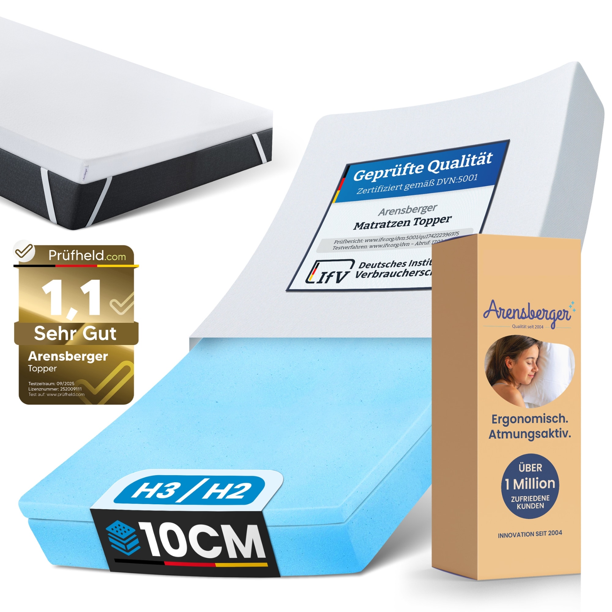 Arensberger Matratzen Topper LUXURY, 160x200cm, Gelschaum und Memory Gel Foam Matratzentopper, waschbarer Bezug, geeignet f&uuml;r Federkern & Matratzen, Matratzenauflage H&ouml;he 10cm 