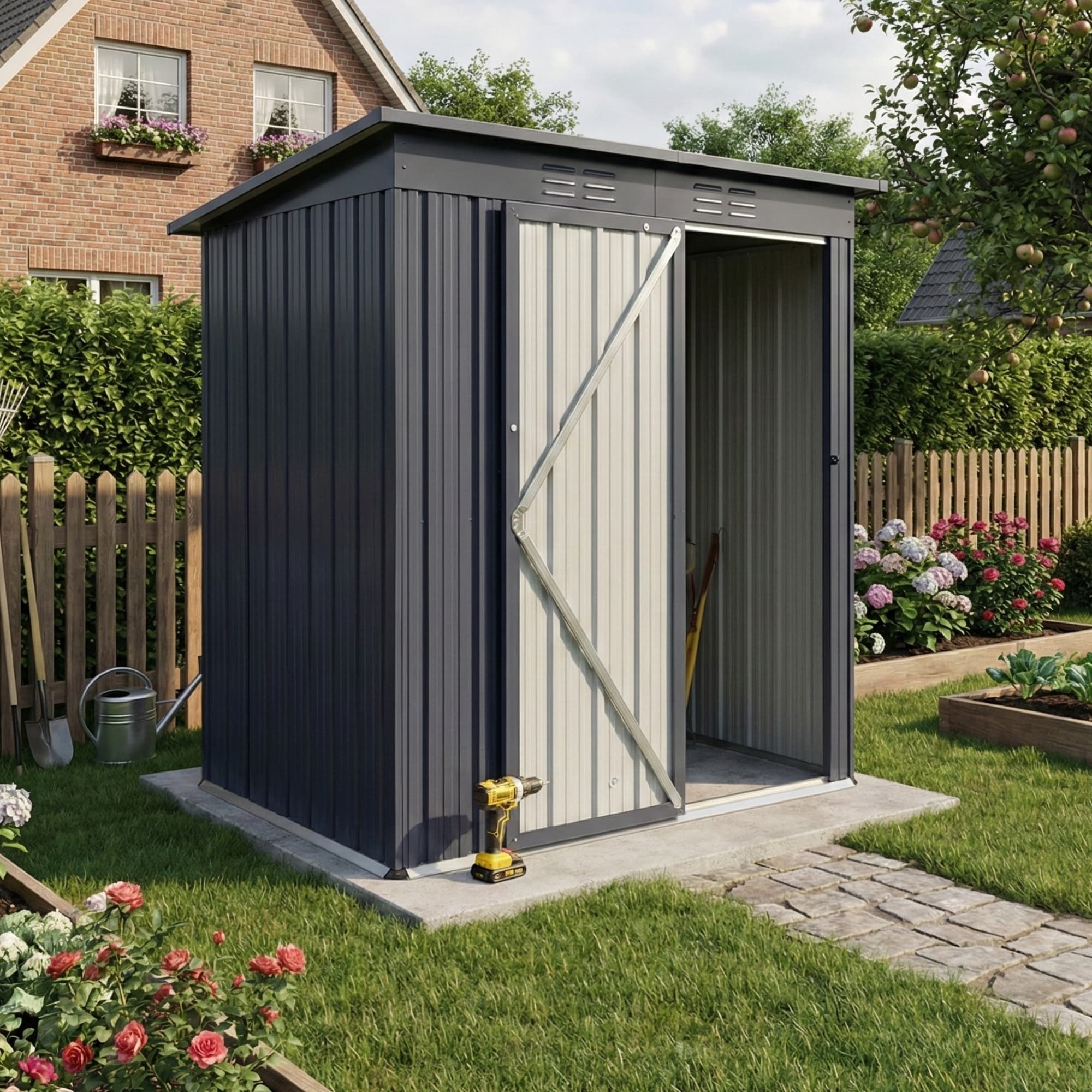 Albatros Profi Ger&auml;tehaus S &ndash; verzinktes Metall in Anthrazit (RAL 7016) | 165x86x174cm, 2,4m&sup3; | Schloss & Werkzeughaken | wetterfest Ger&auml;teschuppen 