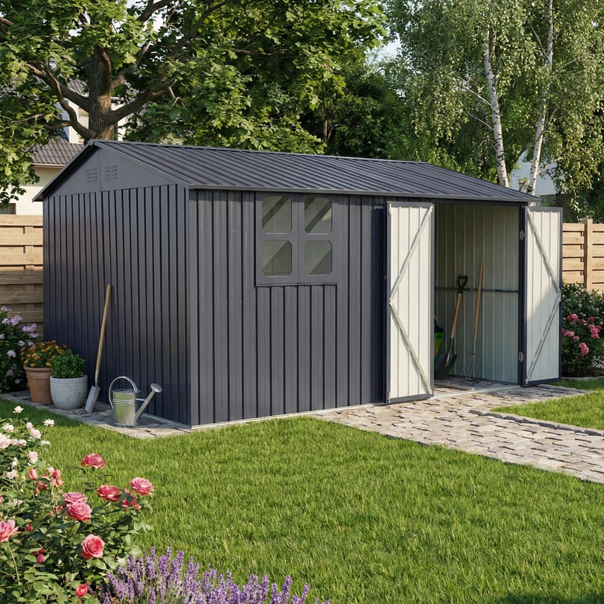 Albatros Profi Ger&auml;tehaus XXXL &ndash; verzinktes Metall in Anthrazit (RAL 7016) | 392x308x201cm, 24,2m&sup3; | Inkl. Schloss & Werkzeughaken | wetterfest 