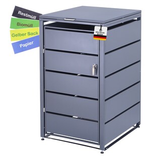 Mülltonnenbox 1er Tonne | bis 240 Liter | Anthrazitgrau RAL 7016 | verzinkter Stahl | Premium Dämpfer| Aufkleber-Set | wetterfest 