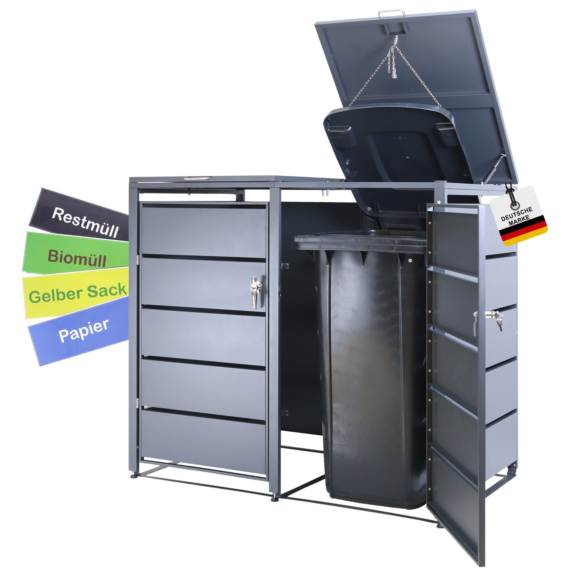 M&uuml;lltonnenbox 2er Tonne | bis 240 Liter | Anthrazitgrau RAL 7016 | verzinkter Stahl | Premium D&auml;mpfer| Aufkleber-Set | wetterfest| 