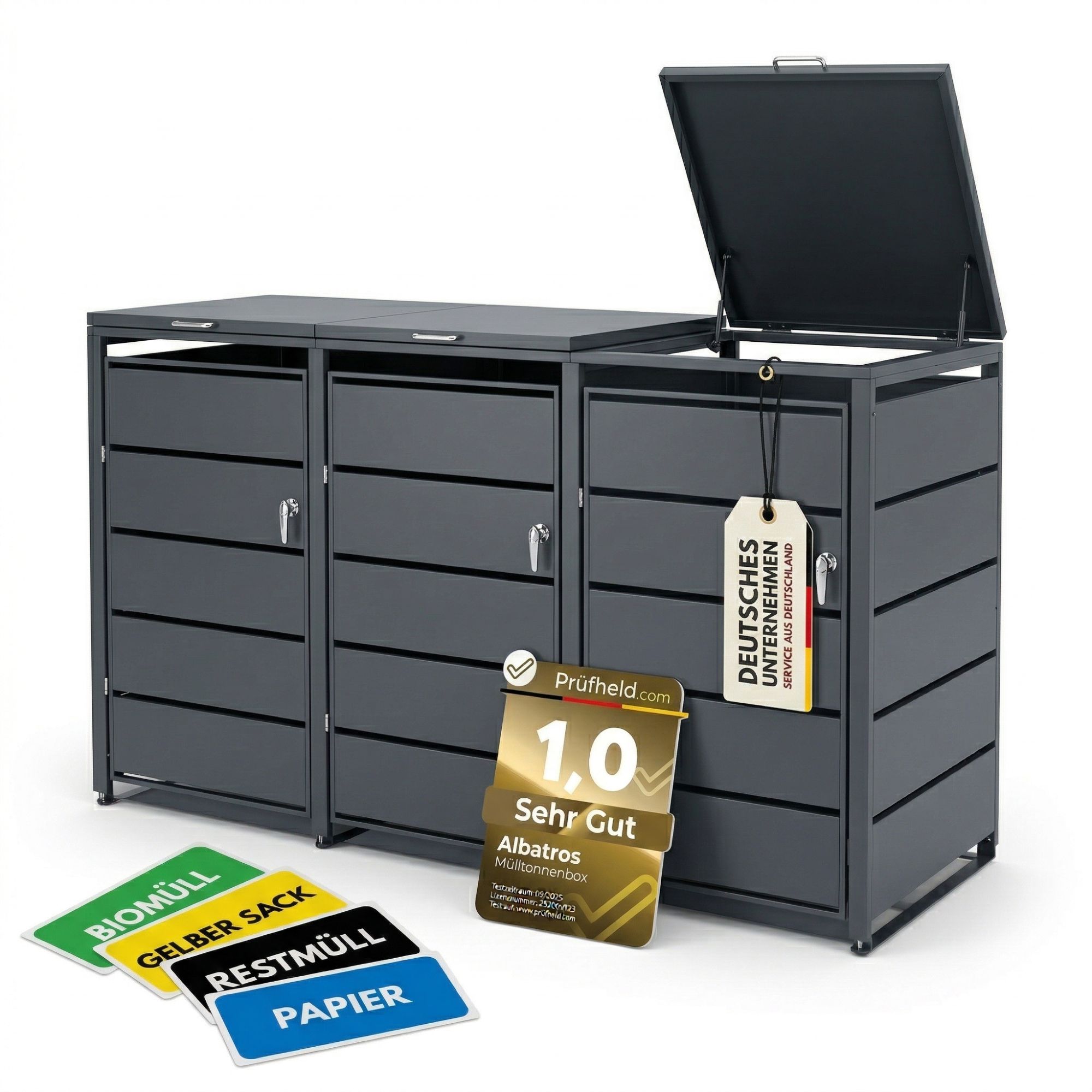 M&uuml;lltonnenbox 3er Tonne | bis 240 Liter | Anthrazitgrau RAL 7016 | verzinkter Stahl | Premium D&auml;mpfer| Aufkleber-Set | wetterfest| 