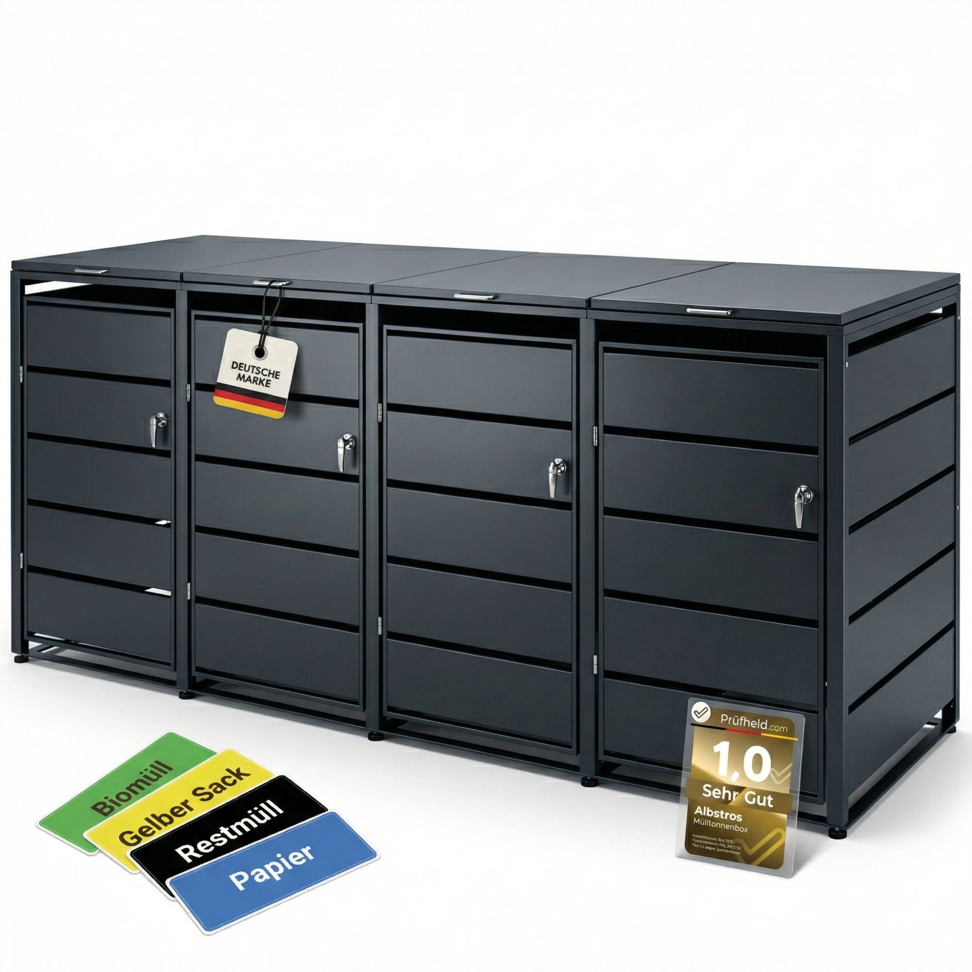 M&uuml;lltonnenbox 4er Tonne | bis 240 Liter | Anthrazitgrau RAL 7016 | verzinkter Stahl | Premium D&auml;mpfer| Aufkleber-Set | wetterfest| 