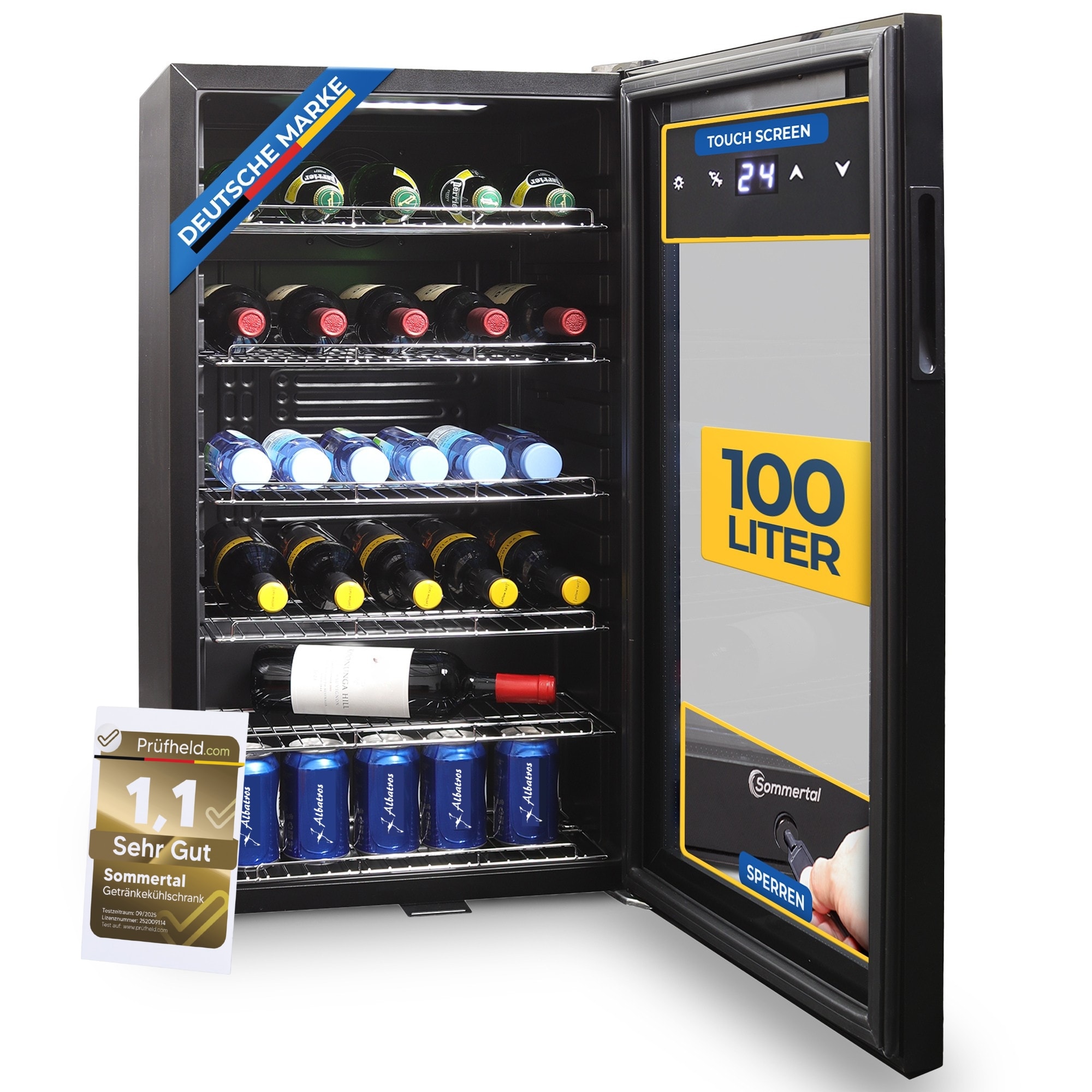 Sommertal K&uuml;hlschrank GK 100&ndash; Leiser Getr&auml;nkek&uuml;hlschrank mit LED, Touchscreen & Schloss kleiner Flaschenk&uuml;hlschrank schwarz 100L 