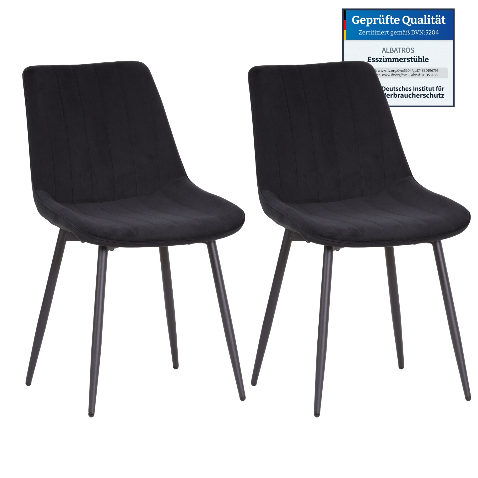Albatros BOSA Samtstuhl Schwarz &ndash; 2er-Set Esszimmerst&uuml;hle im modernen Retro-Design, gepolstert & ergonomisch, DEKRA-gepr&uuml;ft, pflegeleichter Bezug 