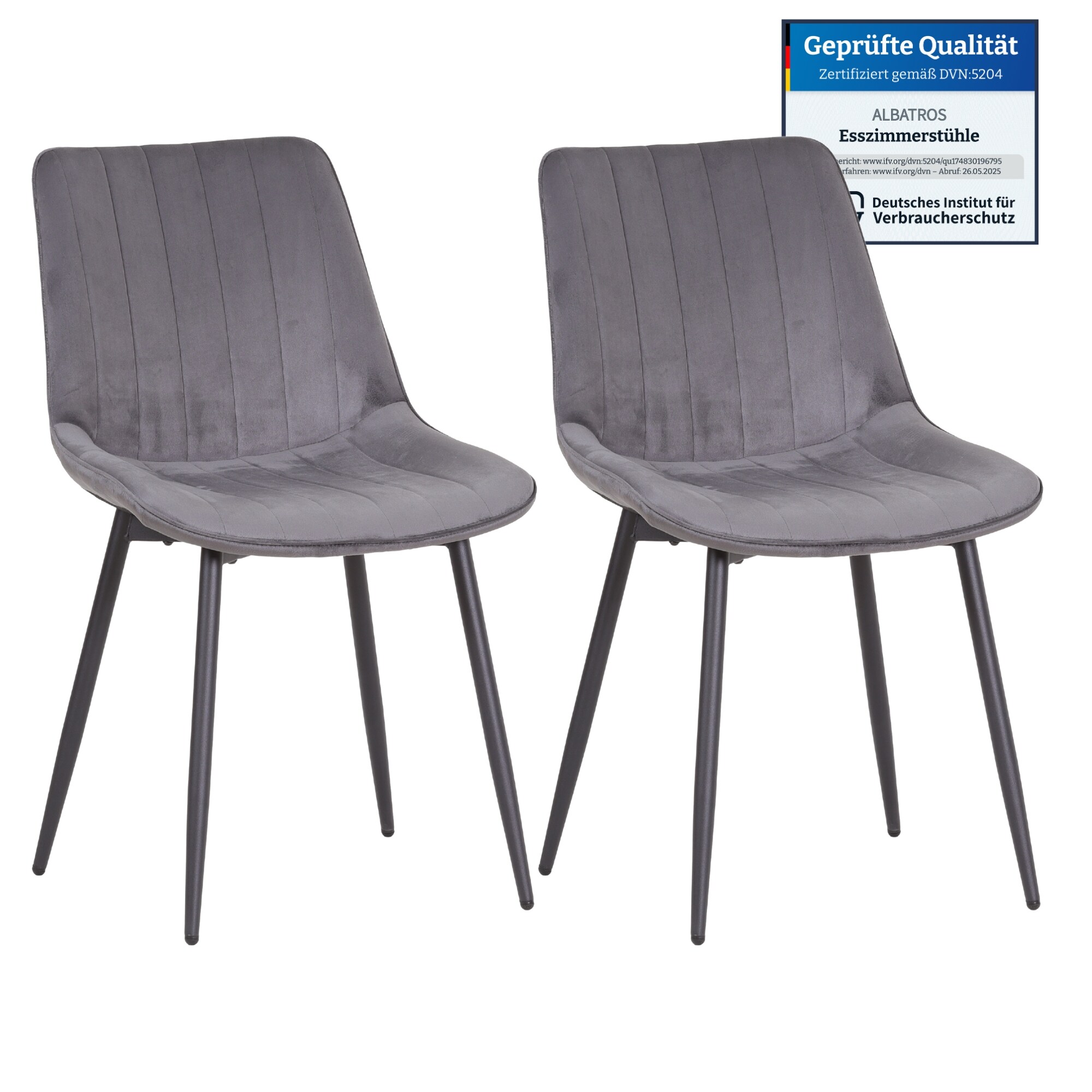 Albatros BOSA Samtstuhl Grau &ndash; 2er-Set Esszimmerst&uuml;hle im modernen Retro-Design, gepolstert & ergonomisch, DEKRA-gepr&uuml;ft, pflegeleichter Bezug 