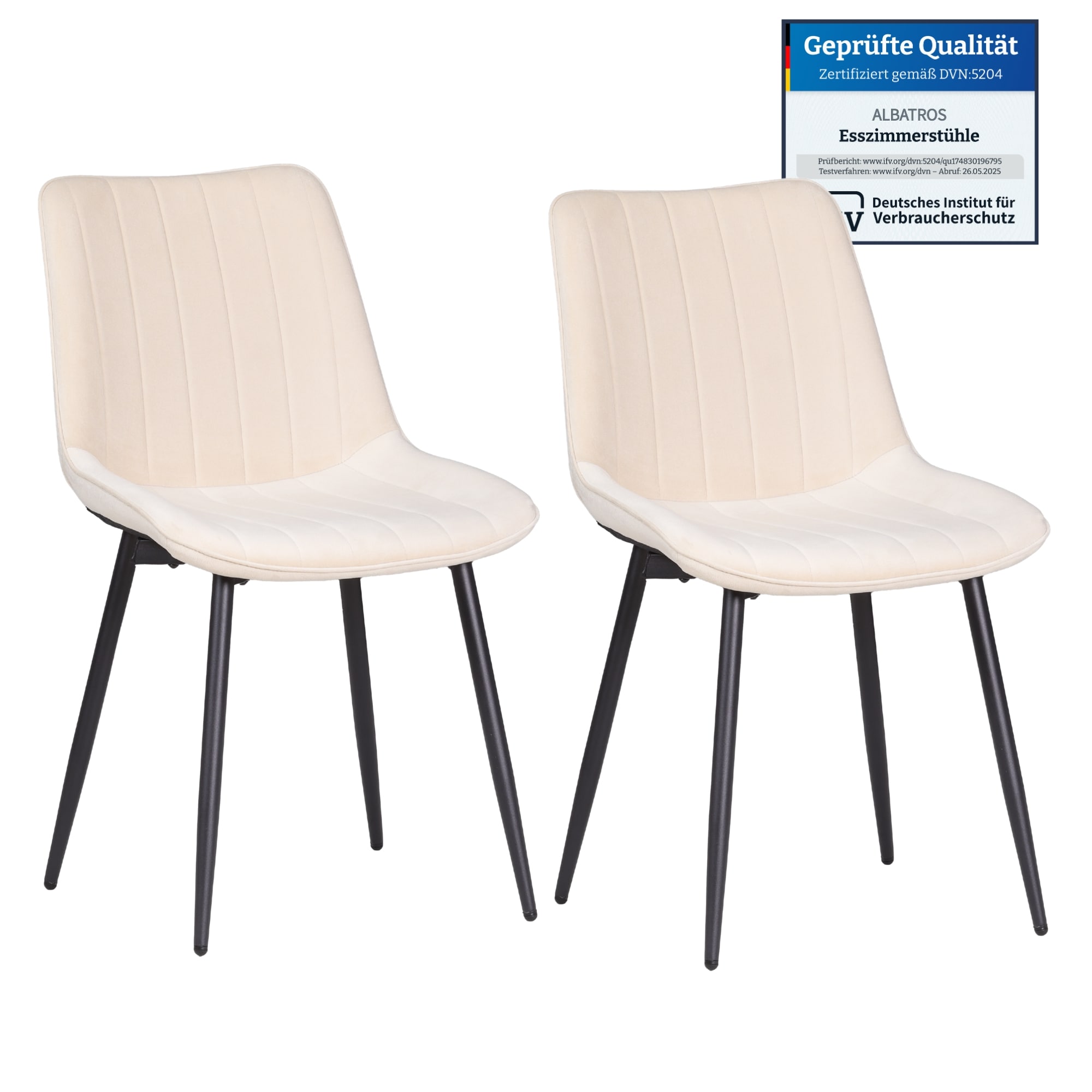Albatros BOSA Samtstuhl Beige &ndash; 2er-Set Esszimmerst&uuml;hle im modernen Retro-Design, gepolstert & ergonomisch, DEKRA-gepr&uuml;ft, pflegeleichter Bezug 
