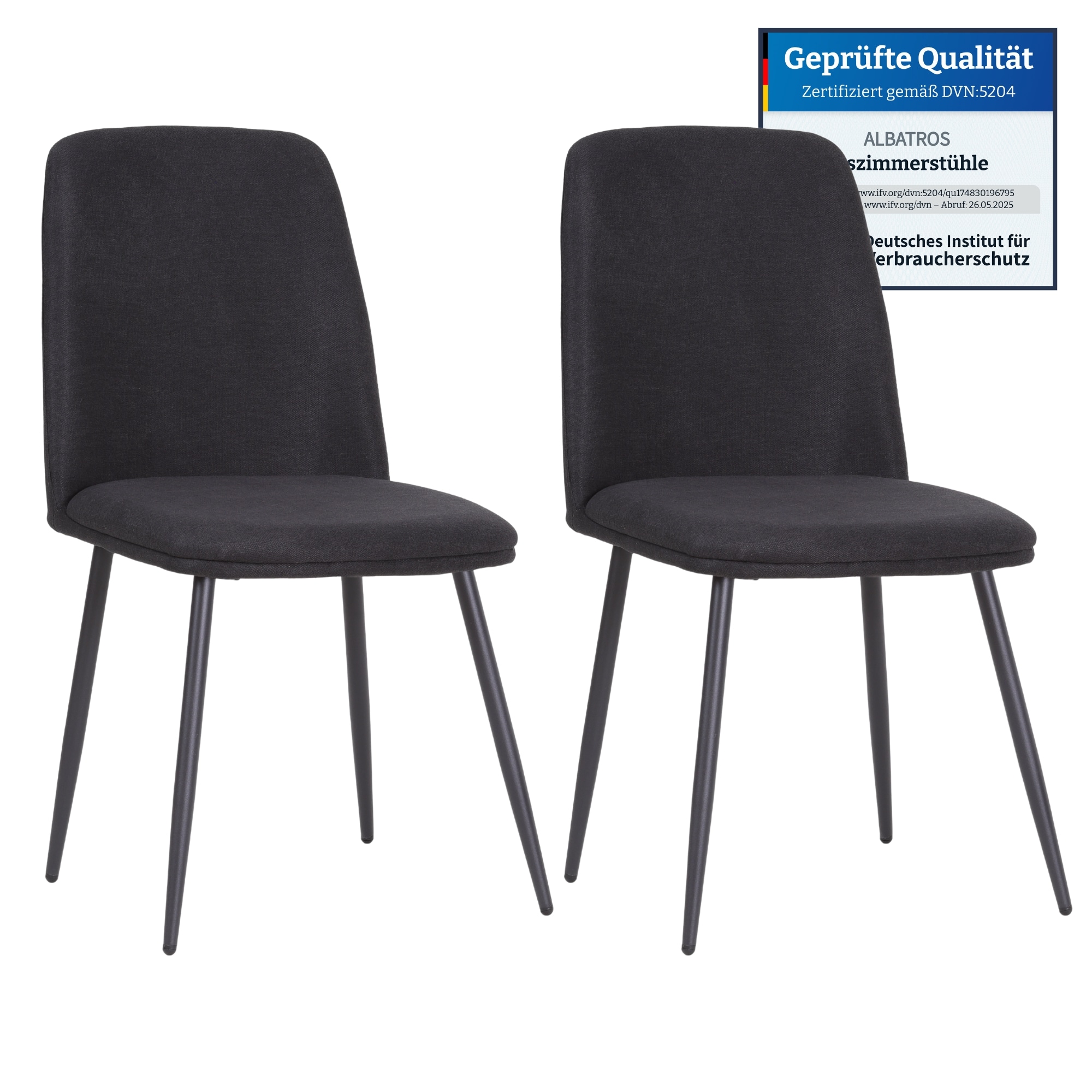 Albatros BONO Stoffstuhl Schwarz&ndash; 2er-Set Esszimmerst&uuml;hle im modernen Retro-Design, gepolstert & ergonomisch, DEKRA-gepr&uuml;ft, pflegeleichter Stoffbezug 