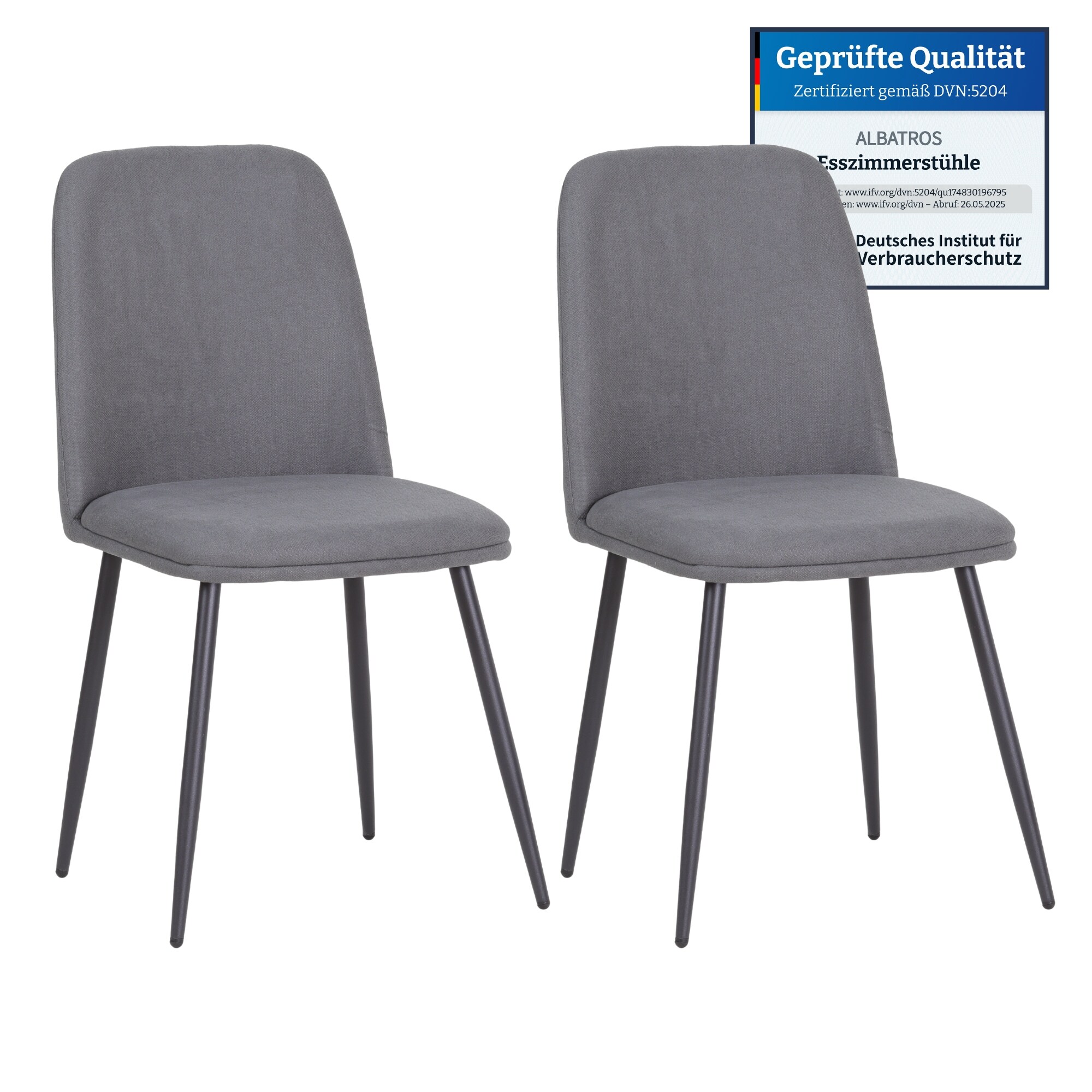 Albatros BONO Stoffstuhl Grau&ndash; 2er-Set Esszimmerst&uuml;hle im modernen Retro-Design, gepolstert & ergonomisch, DEKRA-gepr&uuml;ft, pflegeleichter Stoffbezug 